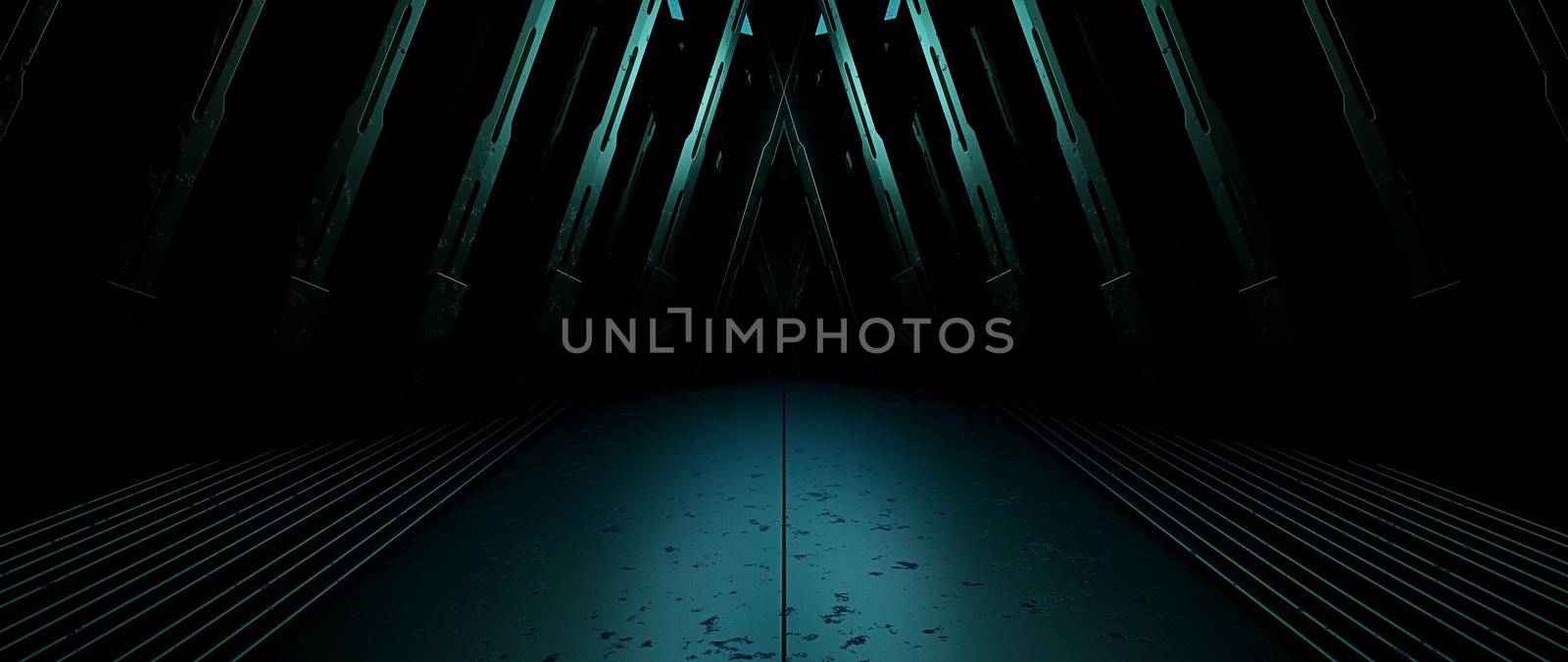 Futuristic Industrial Metallic Reflective Studio Room Lighted Blue Turquoise Background Alien Concept 3D Rendering