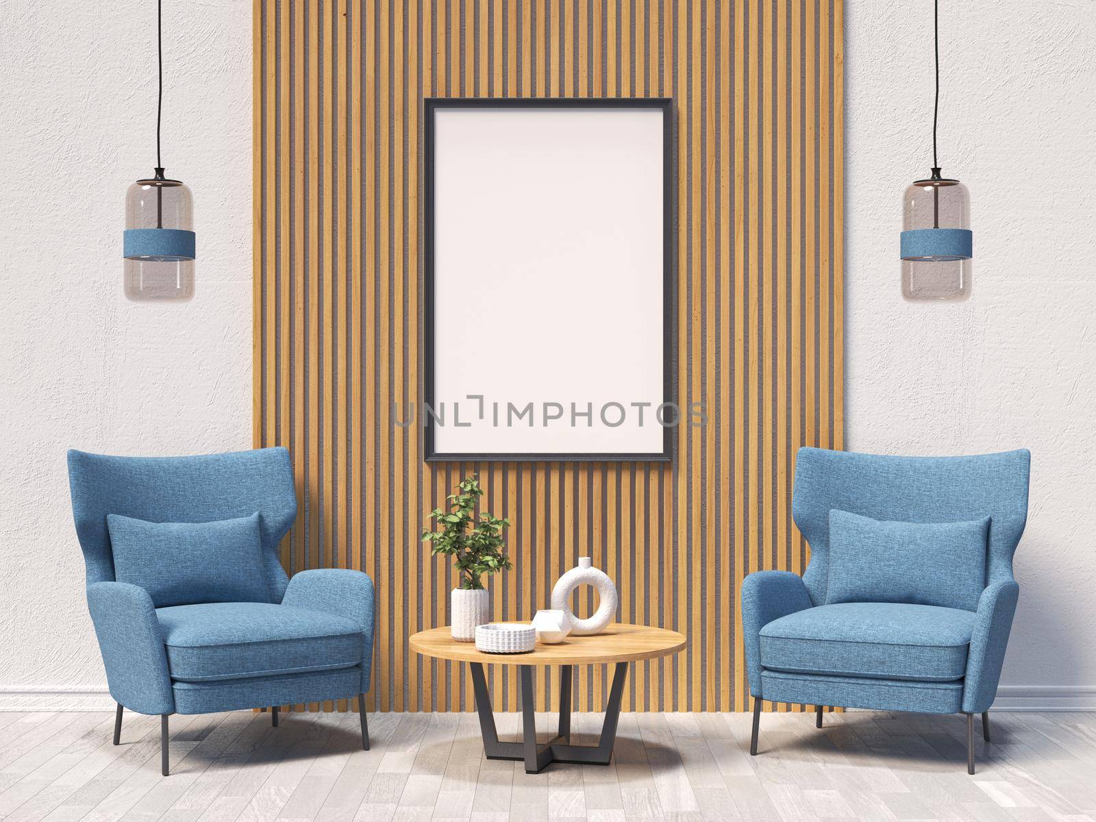 Mock up poster frames with blue armchairs and wooden wall panel  in modern interior background 3D render 3D illustration