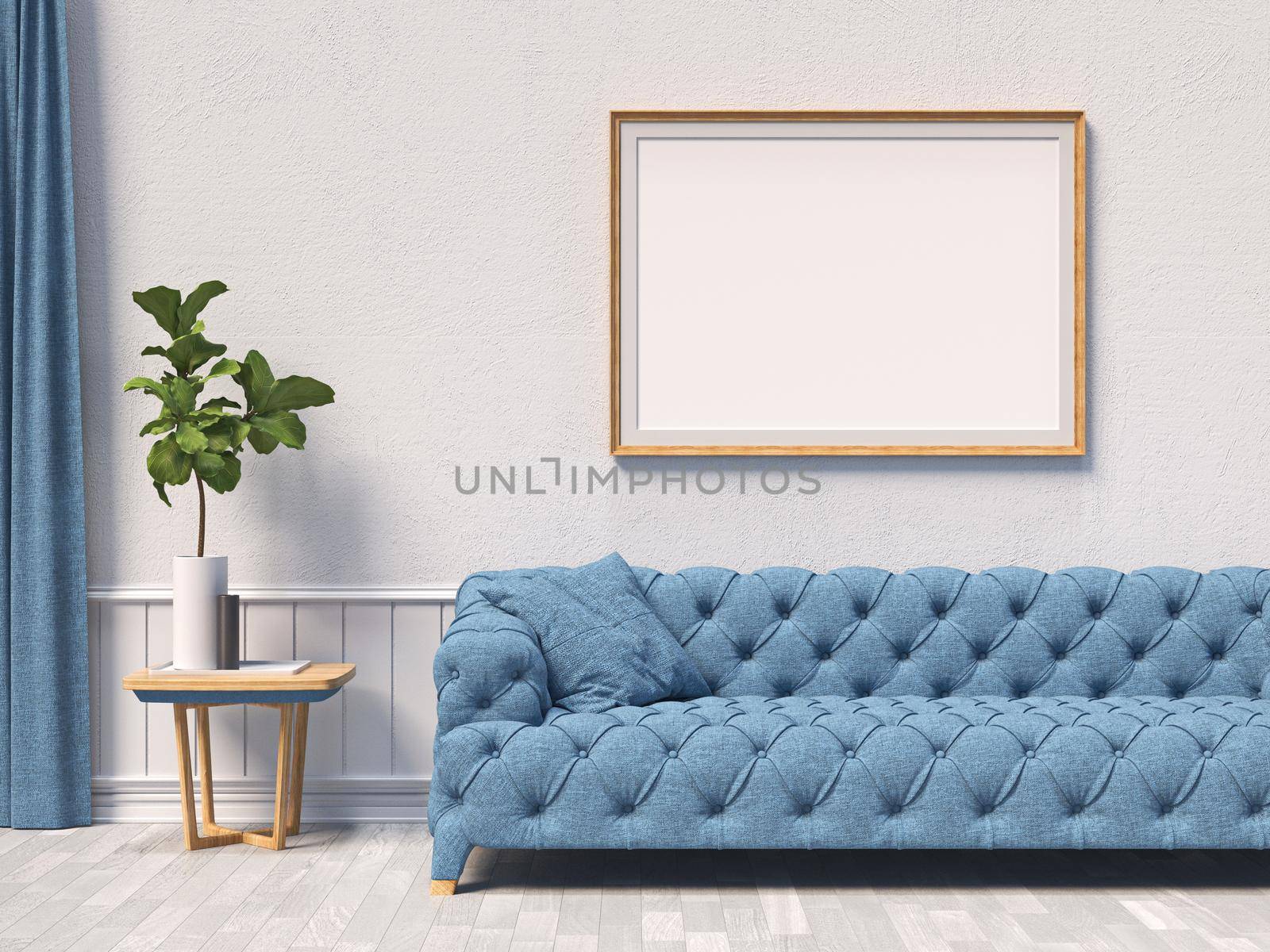 Mock up poster frames with blue sofa and curtain in modern interior background 3D render 3D illustration