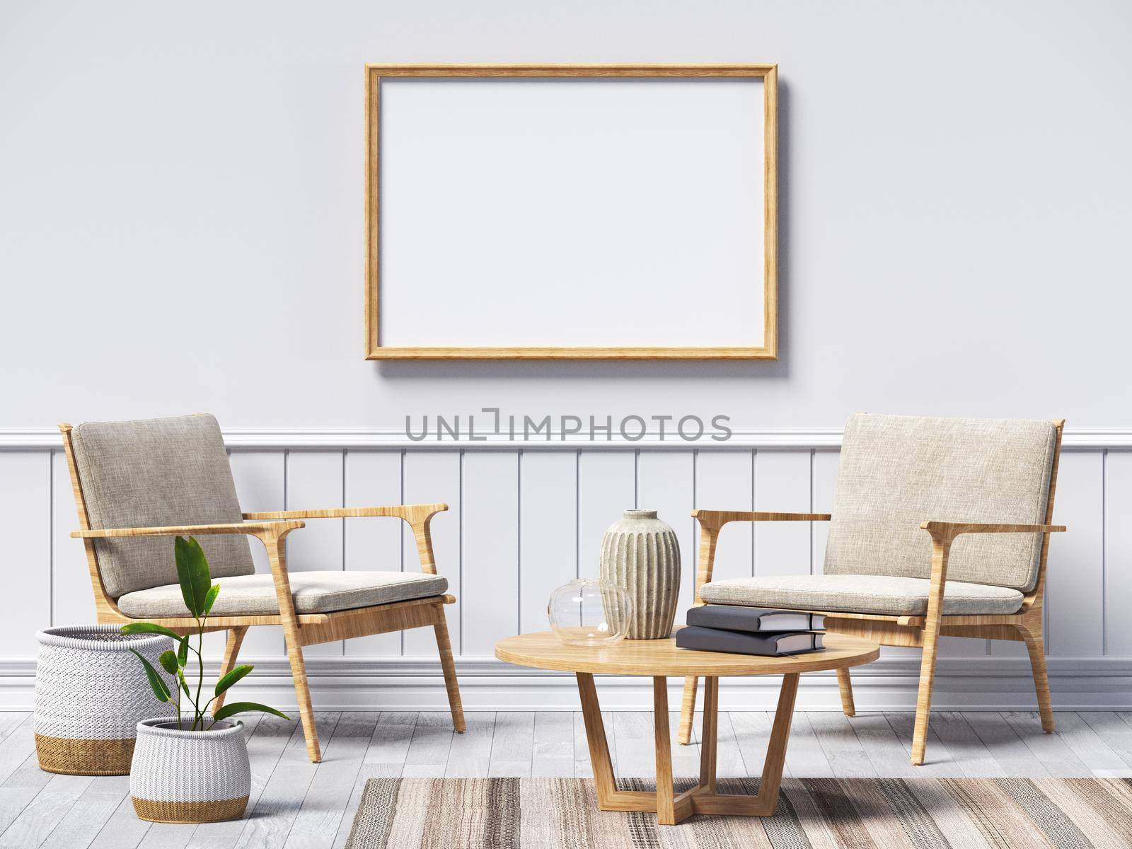 Mock up poster frames with two simple armchair in modern interior background 3D render 3D illustration