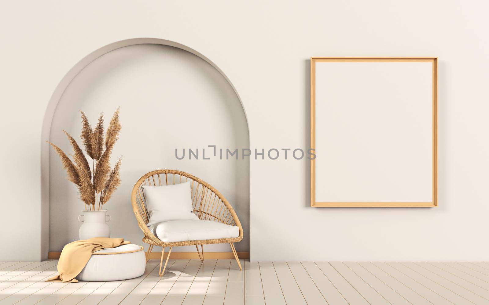 Mock up poster frames with rattan armchair and niche in modern interior background 3D render 3D illustration