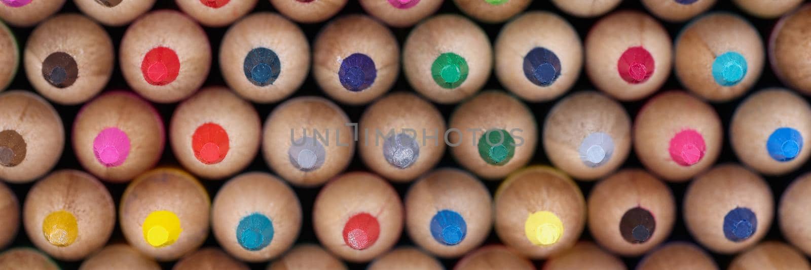 Top view of vertically placed collection of colourful pencils with sharp tips. Open package with set of new unused crayon. Draw, art, hobby, talent concept