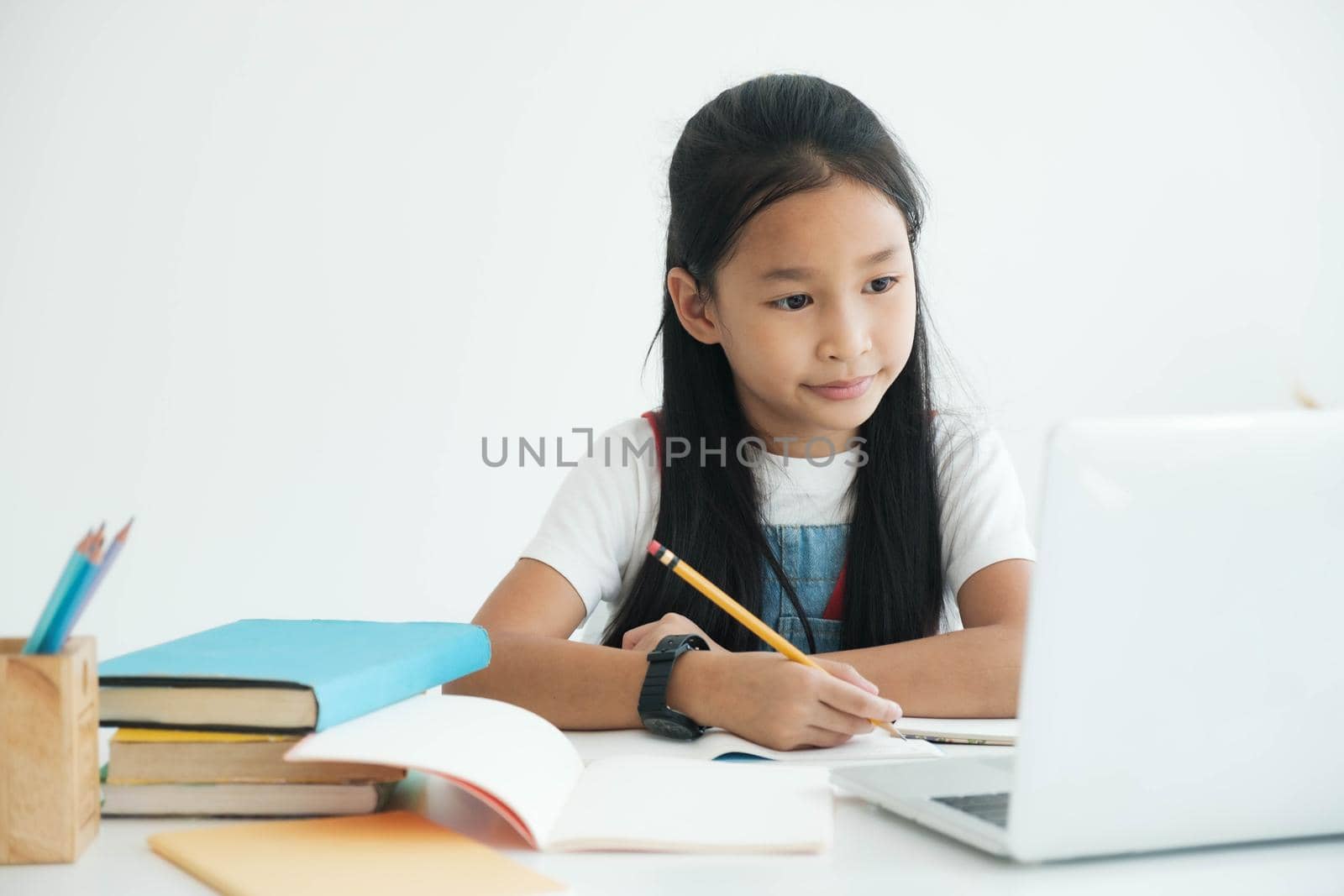 Online education and self study and homeschooling concept, online education concept, home school, study online video call with teacher.