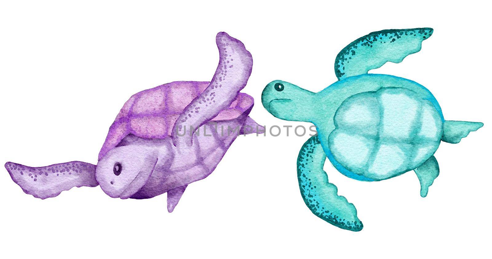 Watercolor illustration of turtle tortoise in blue turquoise purple colors, ocean sea underwater wildlife animals. Nautical summer beach design, coral reef life nature. by Lagmar