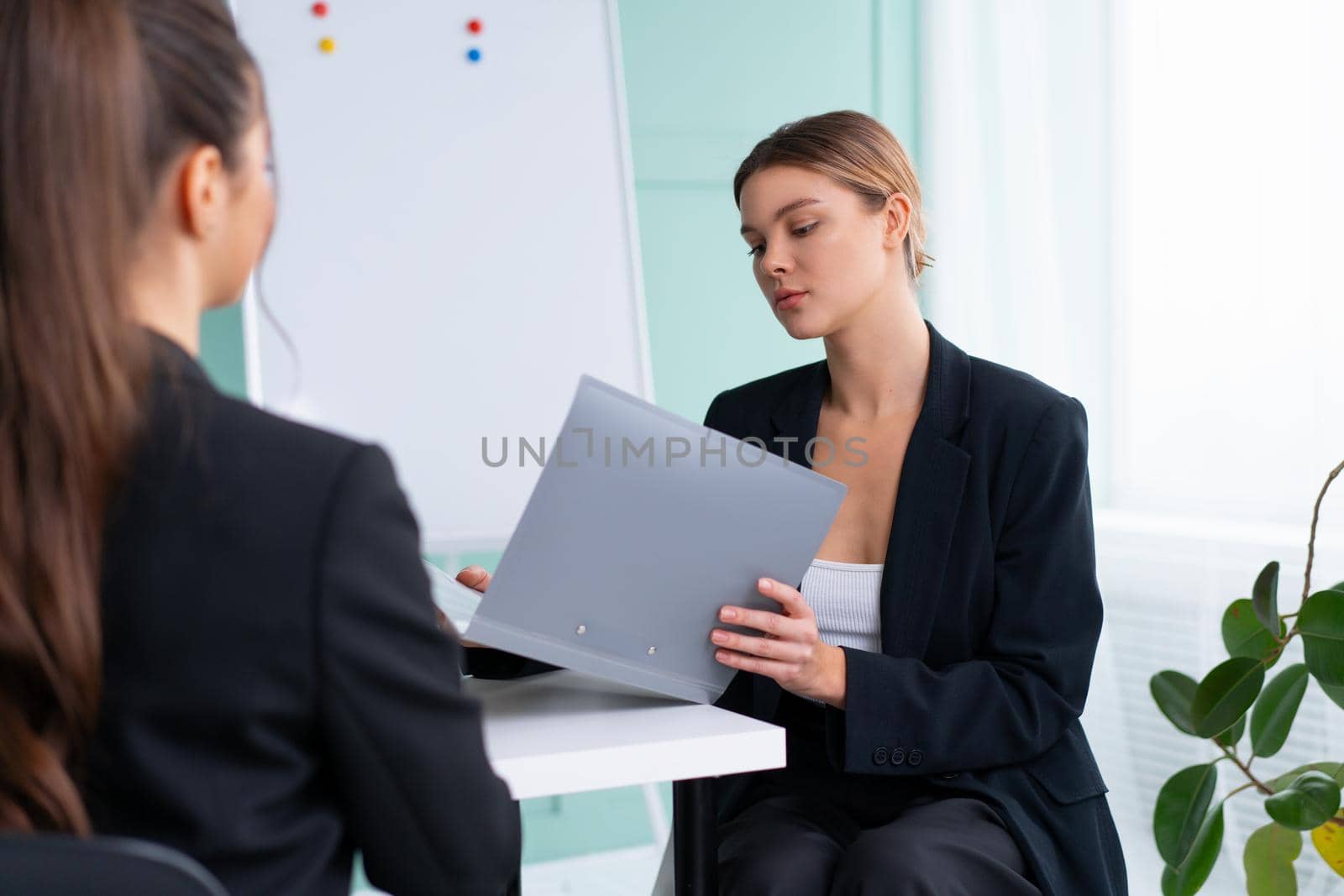 Business meeting. Young blonde woman holding contract while sitting in front of consultant during corporate meeting. Boss discuss ideas with business partner. Two caucasian female businesswoman office
