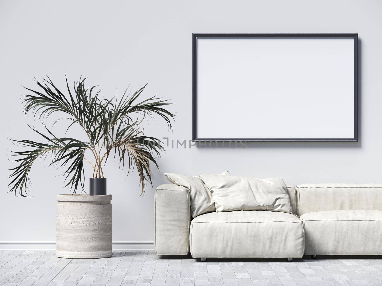Mock up poster frames with indoor plant and white sofa in modern interior background 3D render 3D illustration