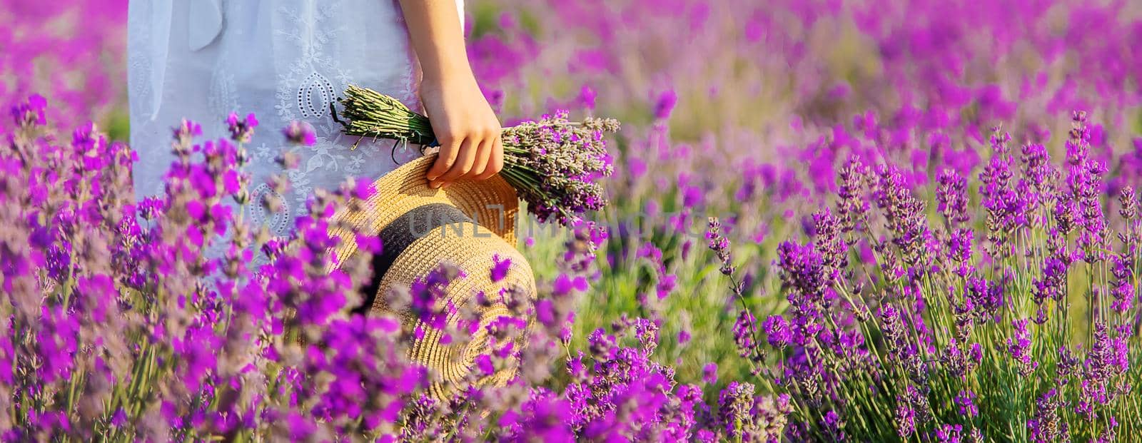 A child in a lavender field. Selective focus. Nature.