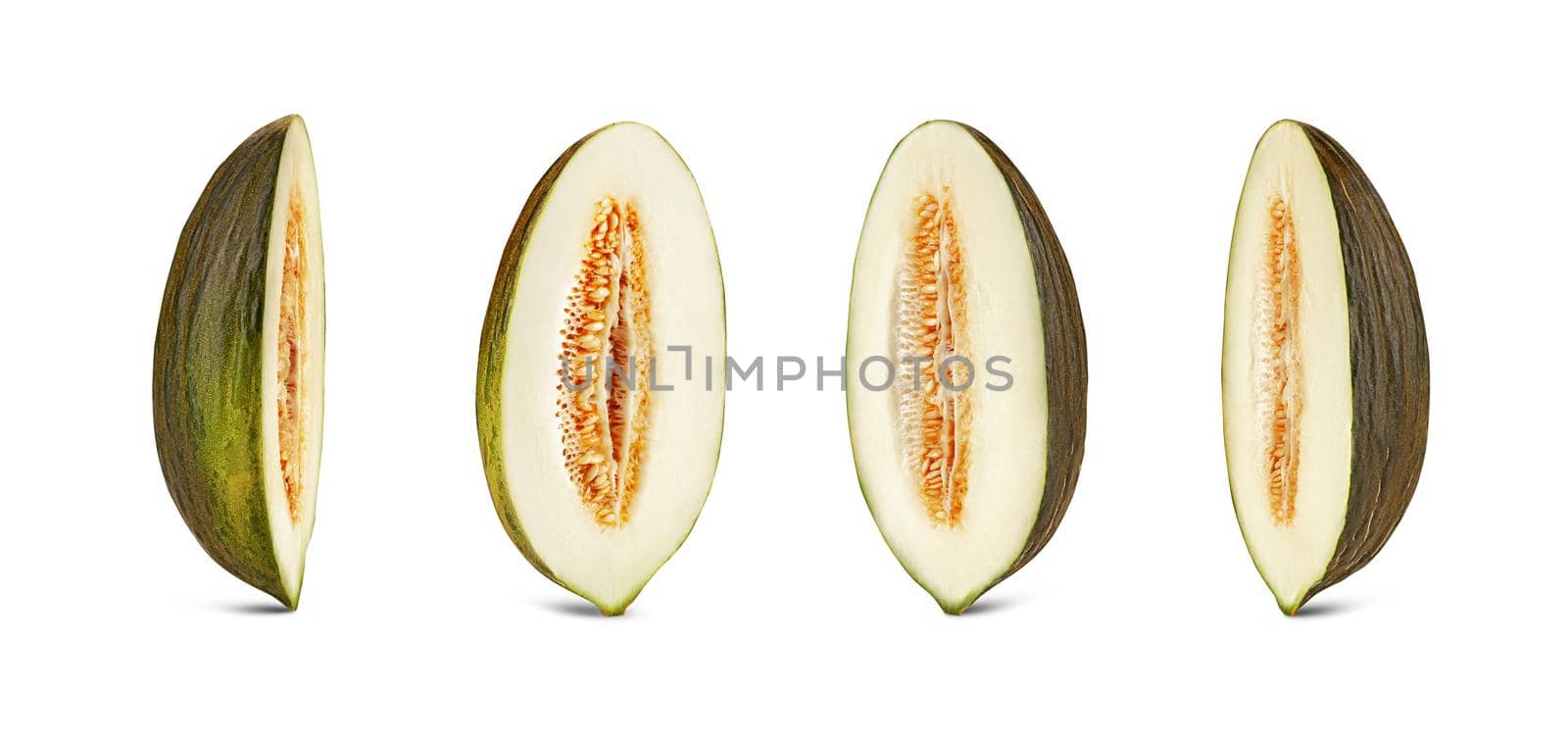 Four halves of yummy green tendral melon in cross-section, isolated on white background with copy space for text or images. Side view. Close-up shot. by nazarovsergey