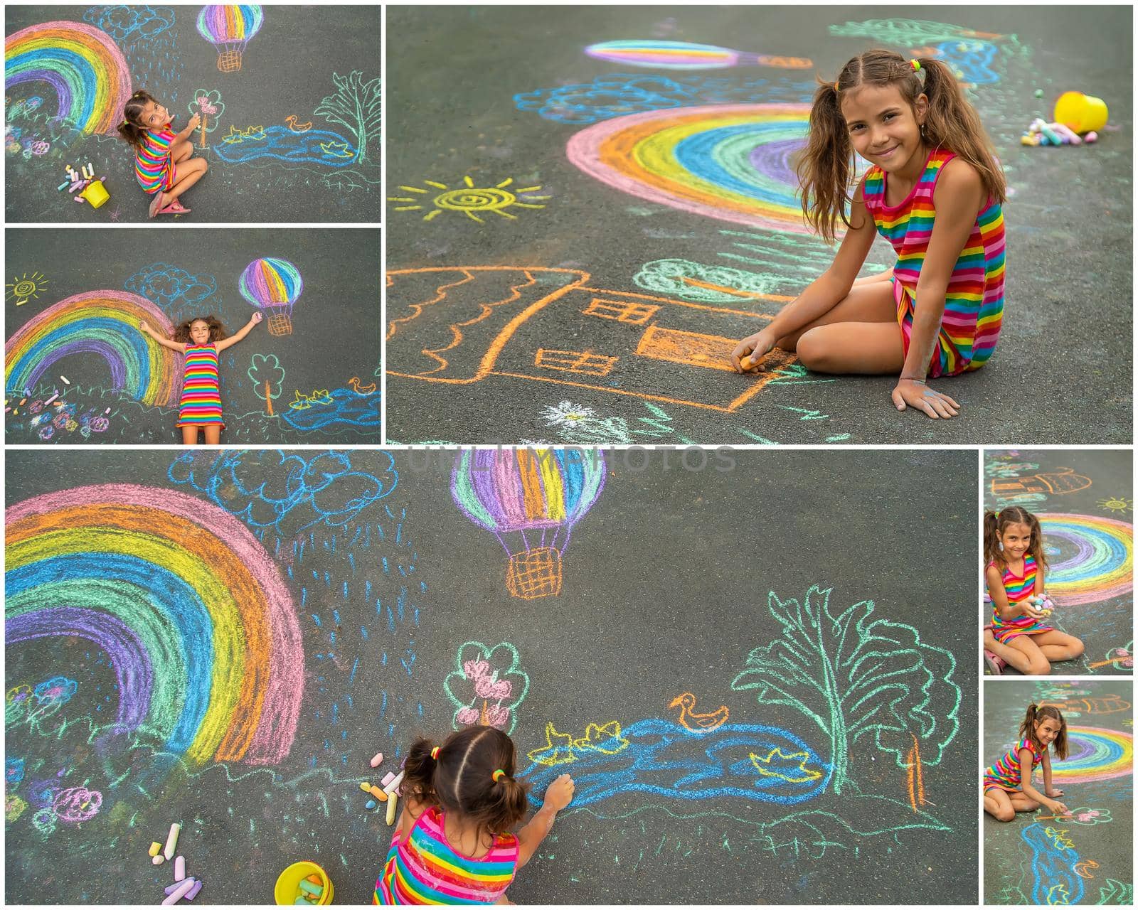 Child draws collage with chalk on the asphalt. Selective focus. Kid.