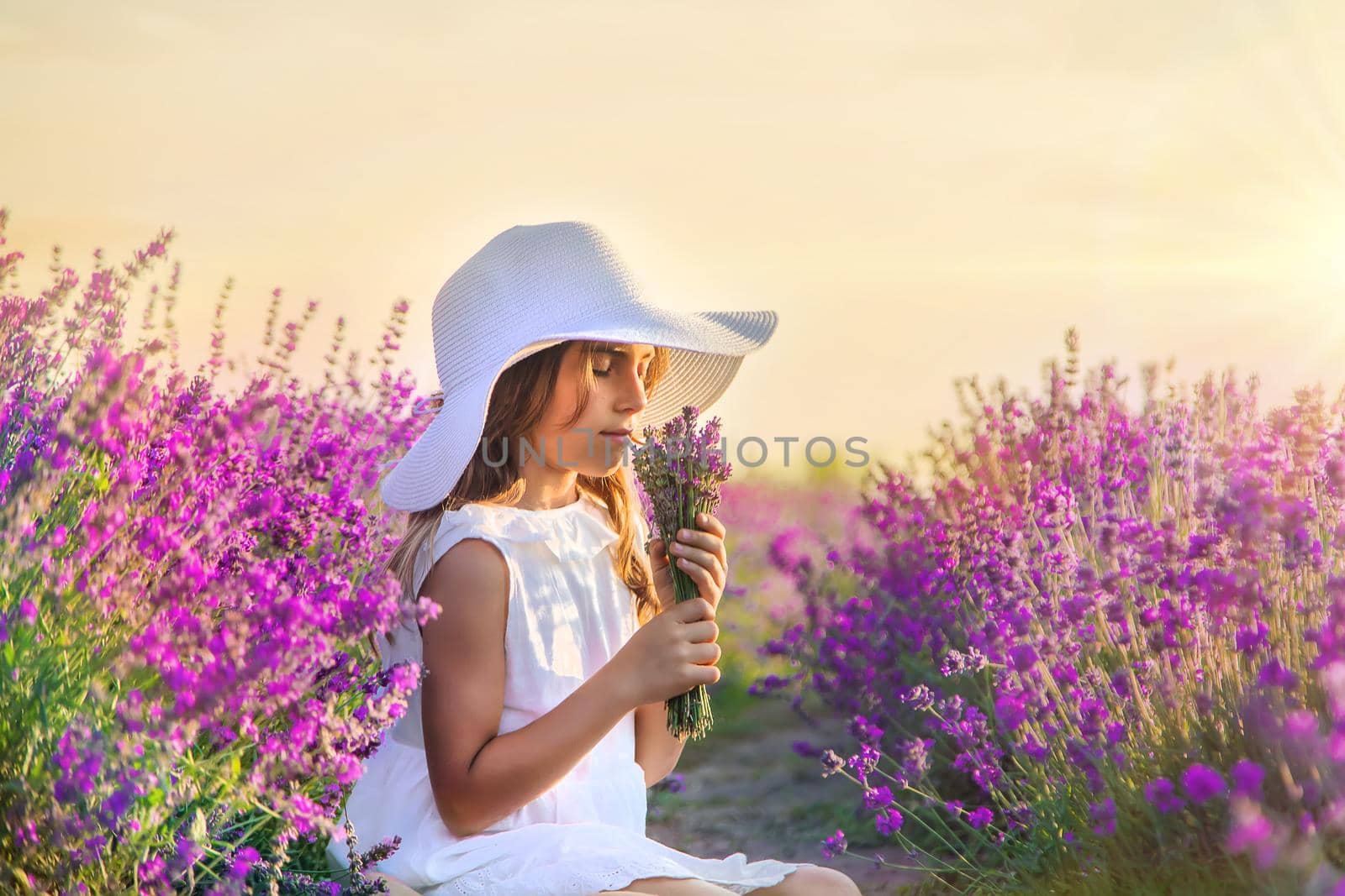 A child in a lavender field. Selective focus. Nature.