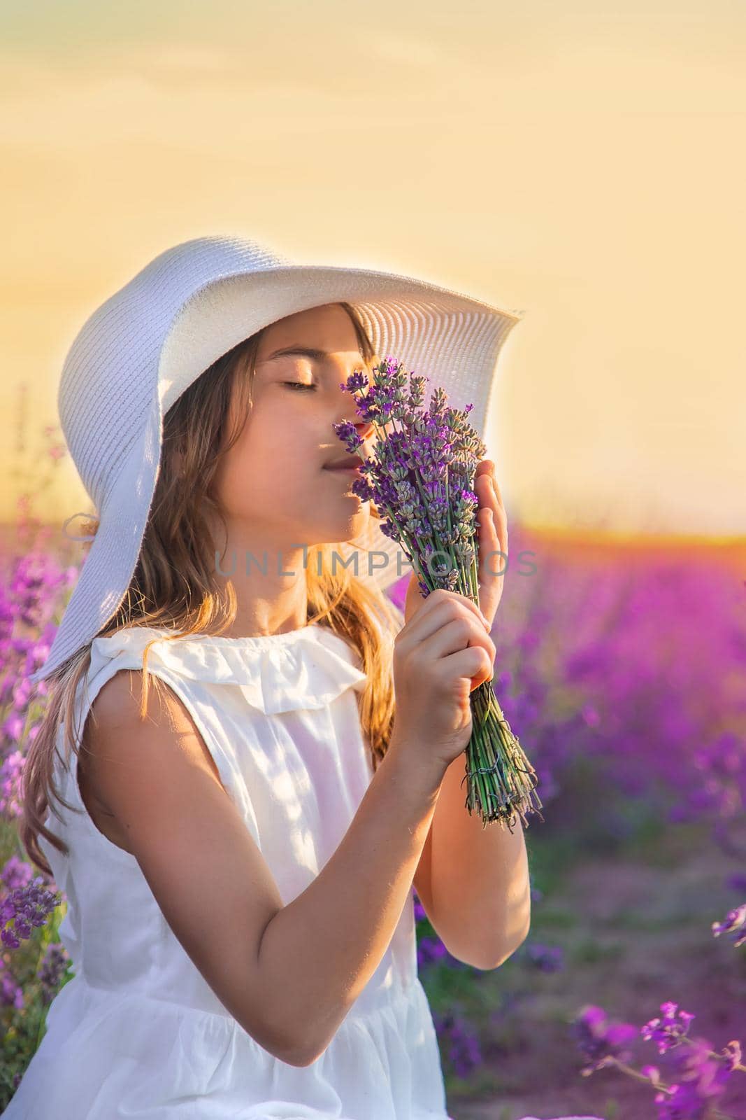 A child in a lavender field. Selective focus. Nature.