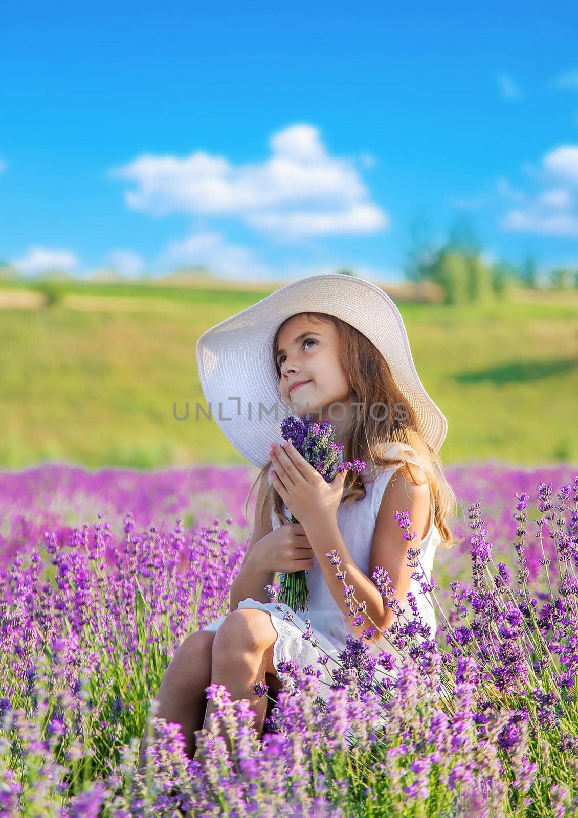 A child in a lavender field. Selective focus. Nature.