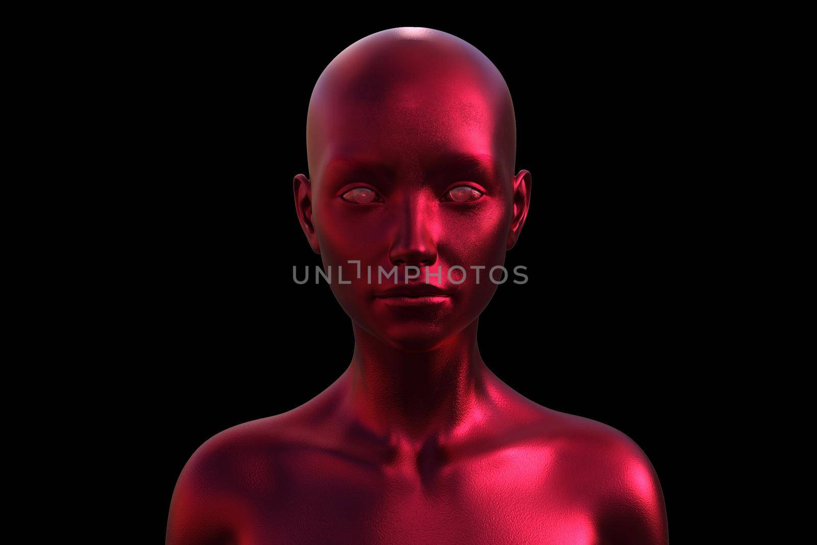 3d illustration of a bald woman. Image of a red female head on a dark background.
