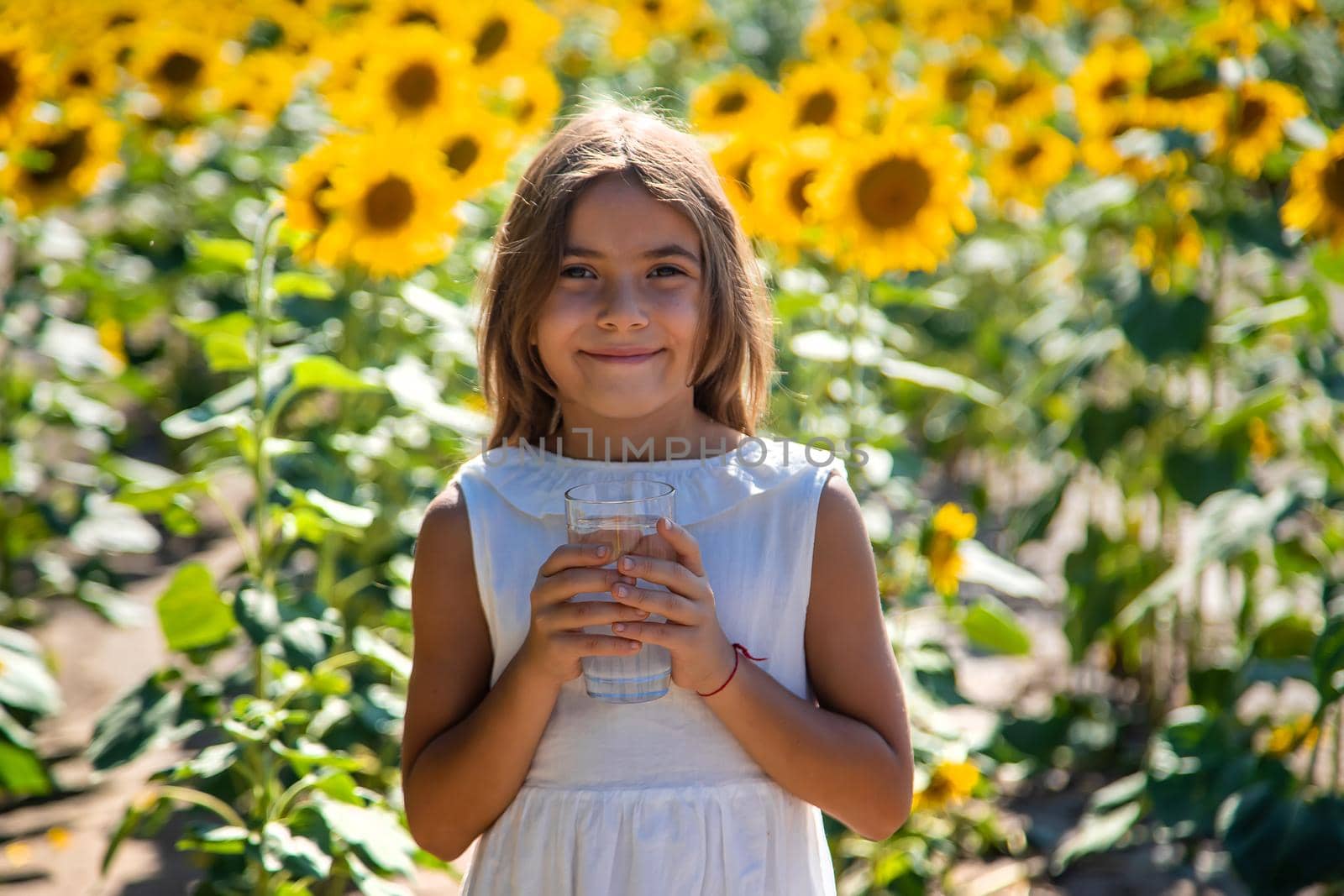 The child drinks water from a glass in a field of flowers. Selective focus. by yanadjana