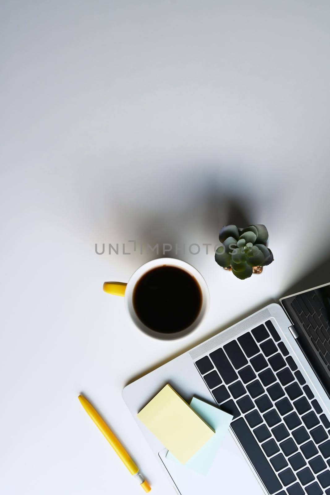 Simple workplace with computer laptop, coffee cup, notebook and succulent plant on white table. by prathanchorruangsak