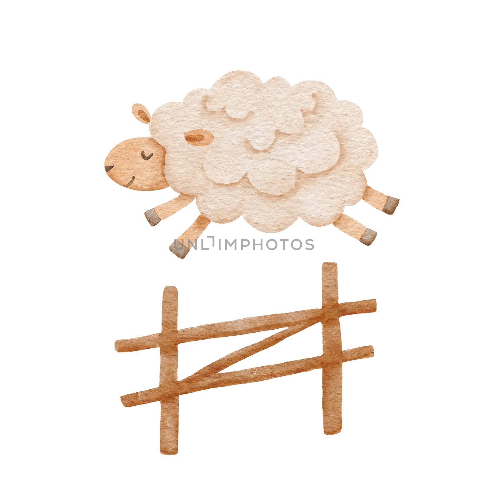 Cute cartoon sheep jumping over fence. Counting sheep to fall asleep. Good night sleep metaphor poster. waterolor illustration isolated on white.