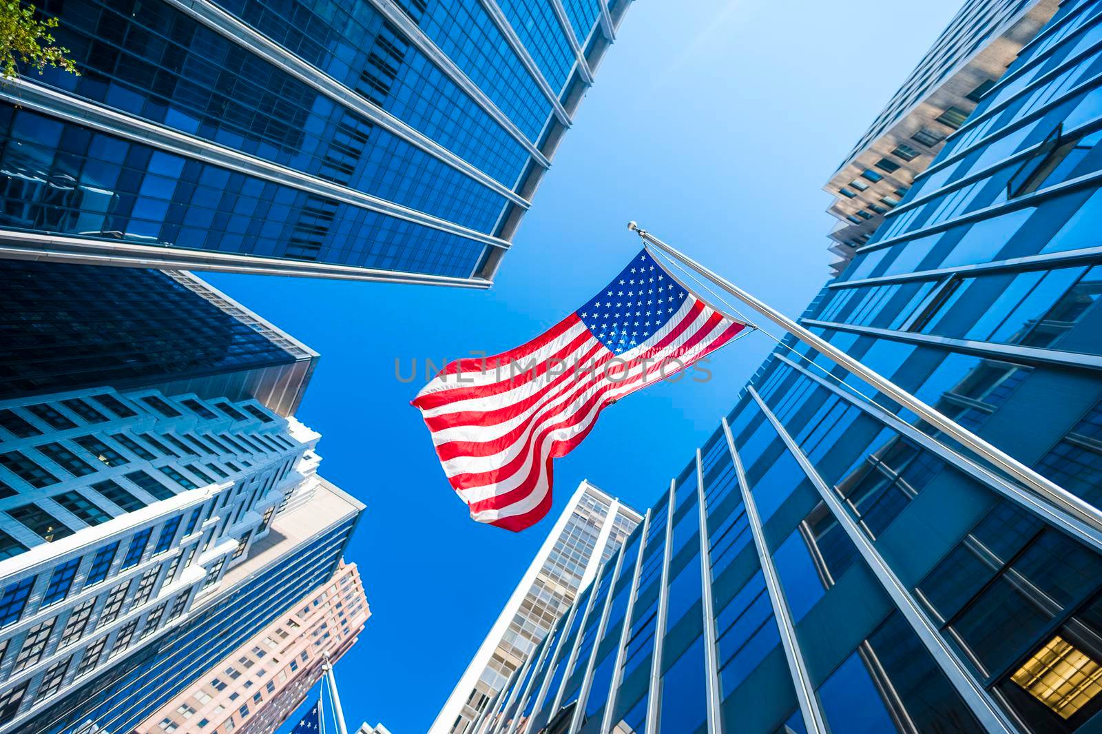 Modern building with USA flag