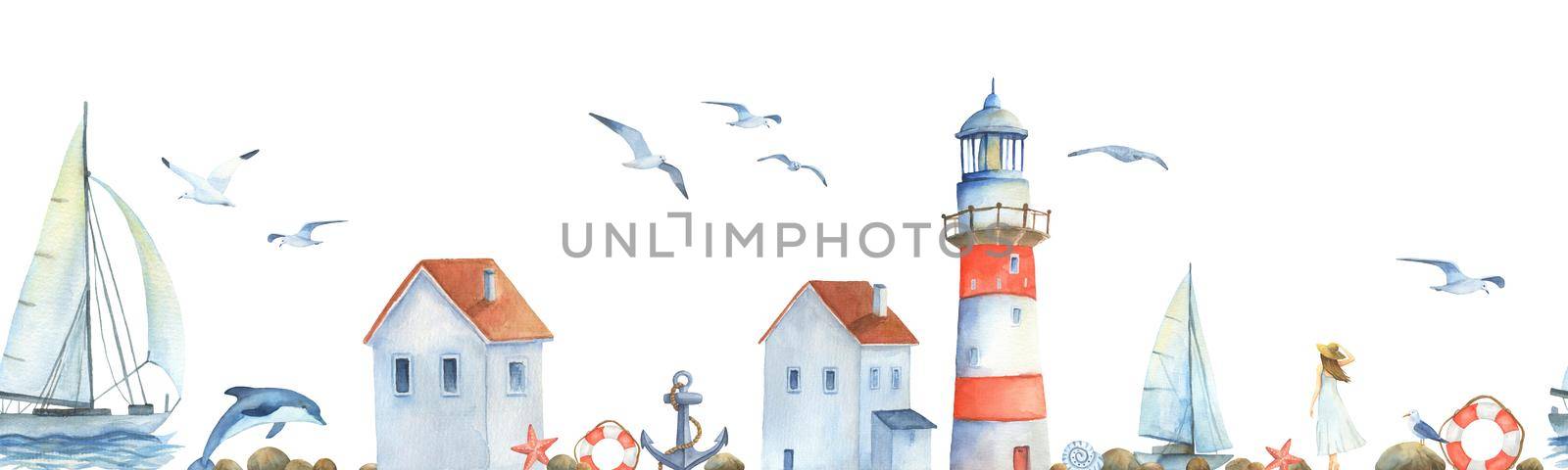 Watercolor seamless border with marine objects. Hand painted lighthouse, sailboat, dolphins and seagulls isolated on white. Background with Romantic girl in hat