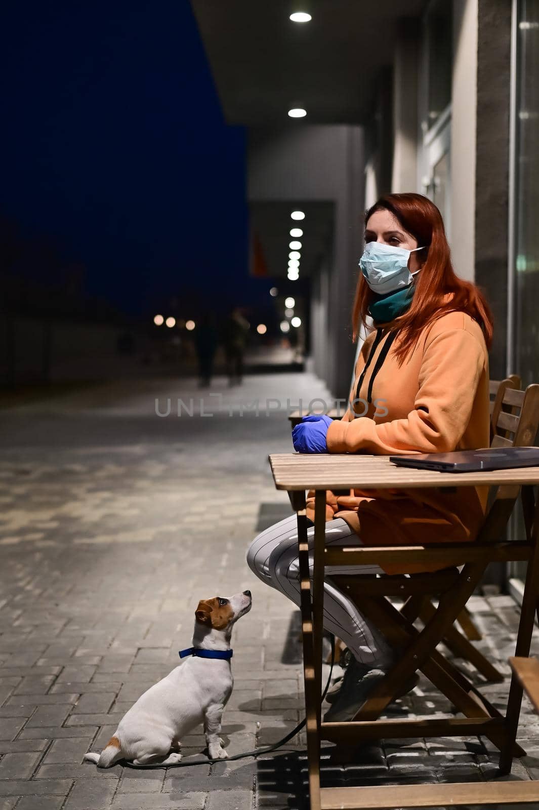 A woman in a medical mask and gloves walks late at night with her little dog. A girl sits on a chair in the street with a Jack Russell Terrier in quarantine. Coronavirus. by mrwed54