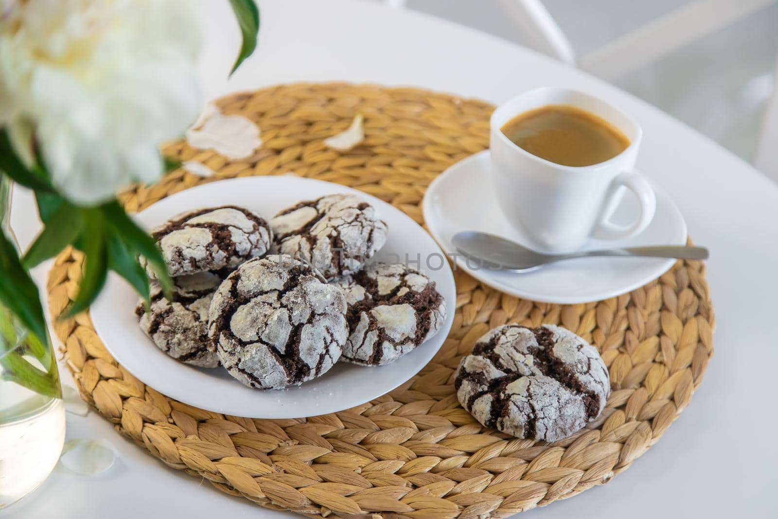 Chocolate chip cookies for breakfast on the table. Selective focus. Food.