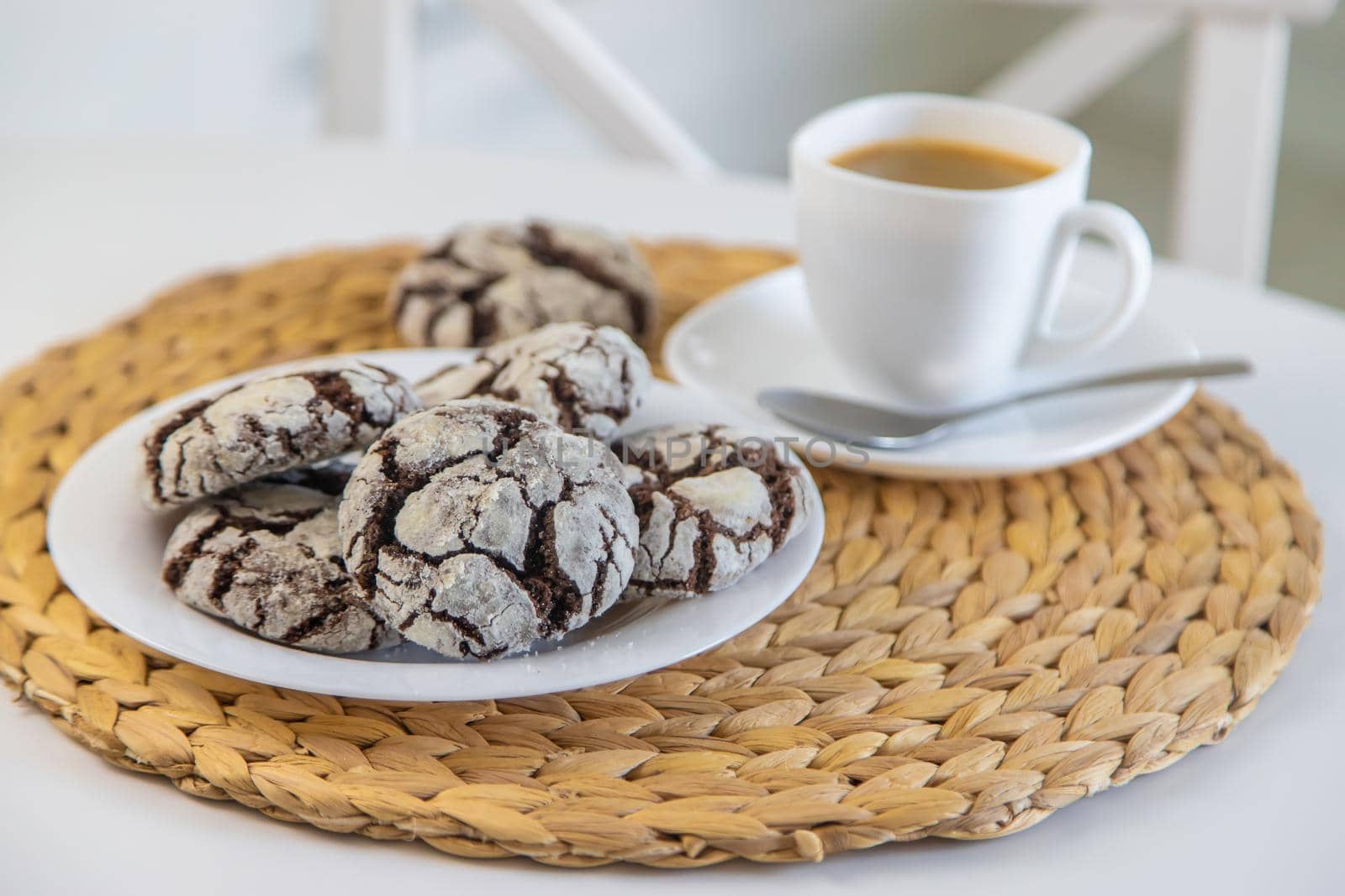 Chocolate chip cookies for breakfast on the table. Selective focus. Food.
