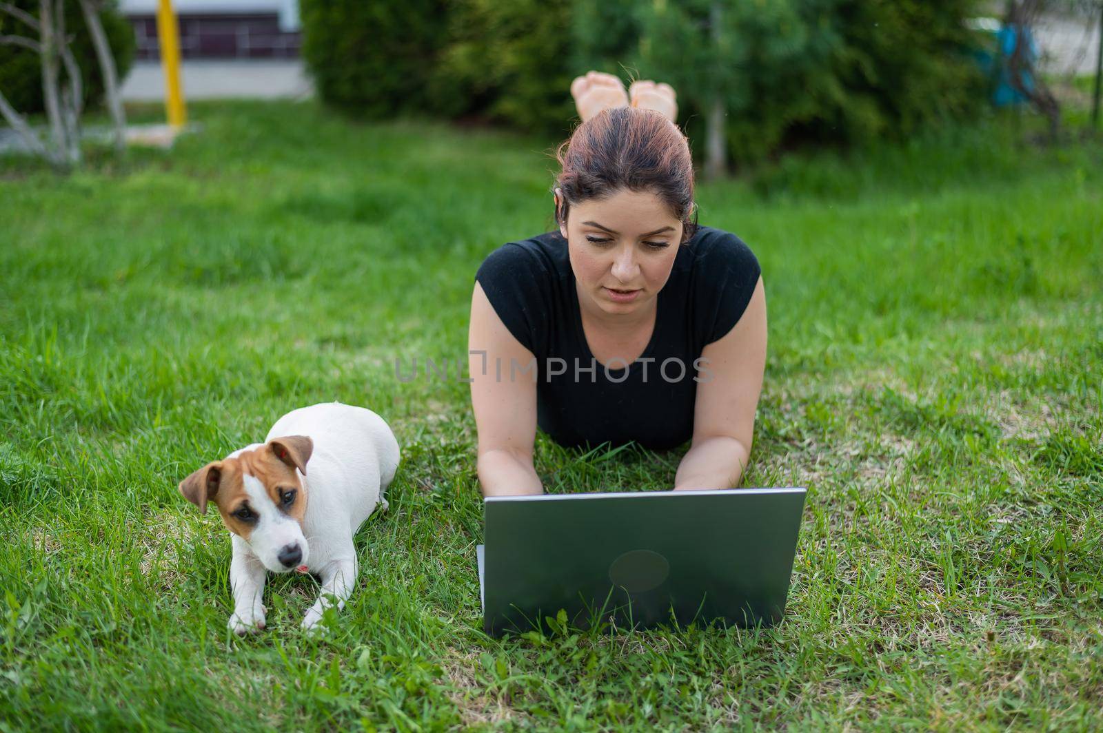 A red-haired woman lies on the green grass in a park with her own dog. The girl maintains a social distance and types on a laptop in the fresh air. A student is studying remotely on a computer. by mrwed54