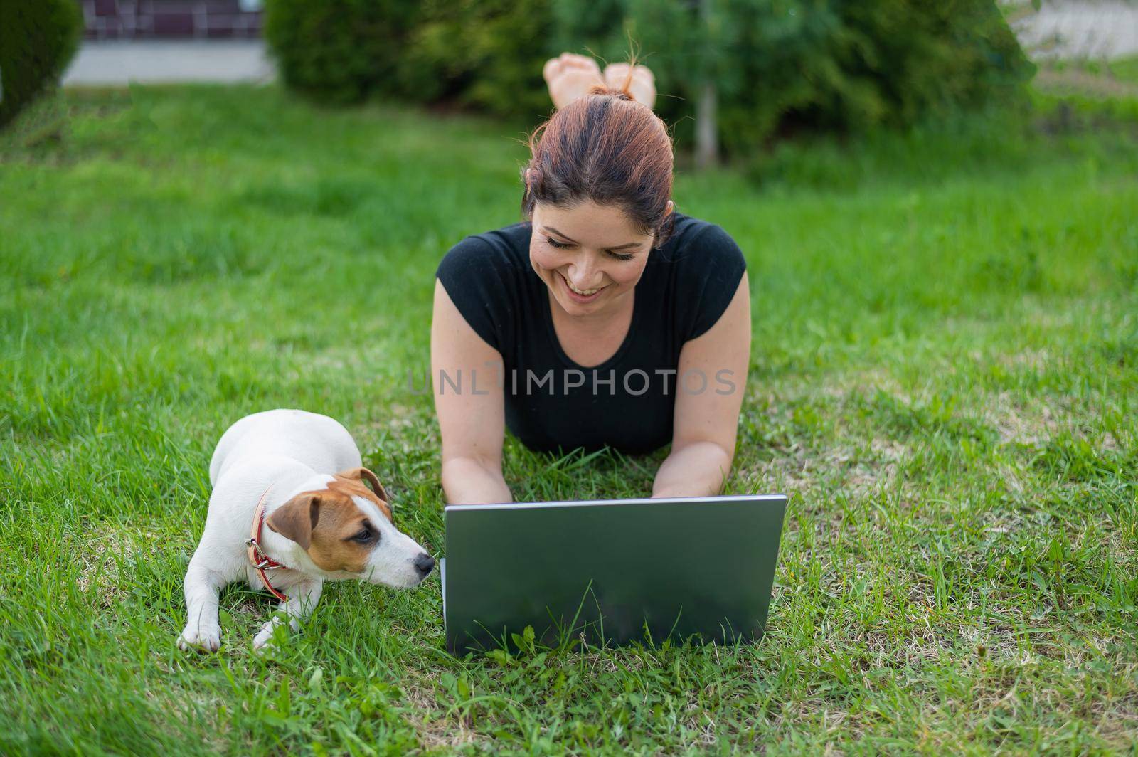 A red-haired woman lies on the green grass in a park with her own dog. The girl maintains a social distance and types on a laptop in the fresh air. A student is studying remotely on a computer. by mrwed54