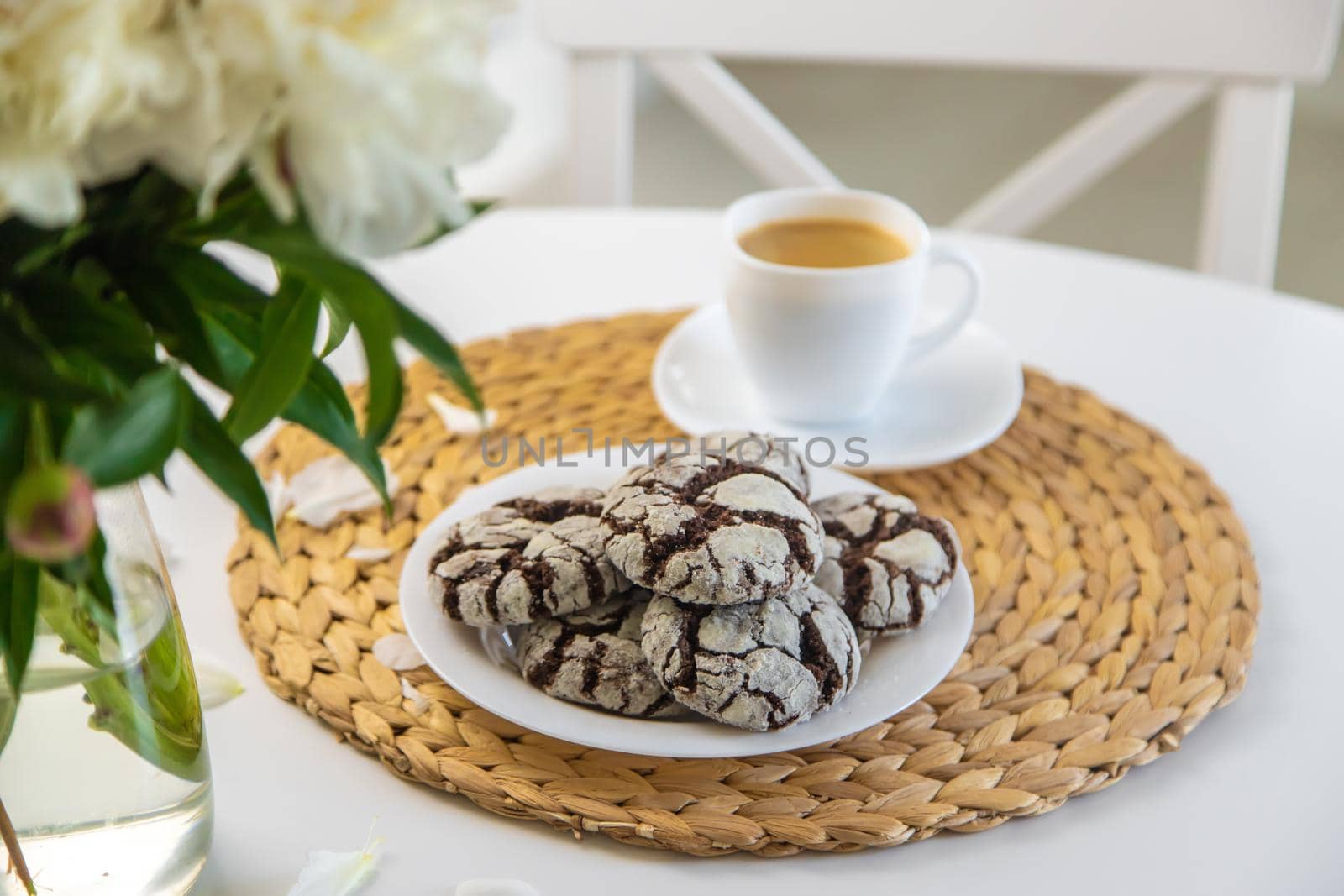 Chocolate chip cookies for breakfast on the table. Selective focus. Food.