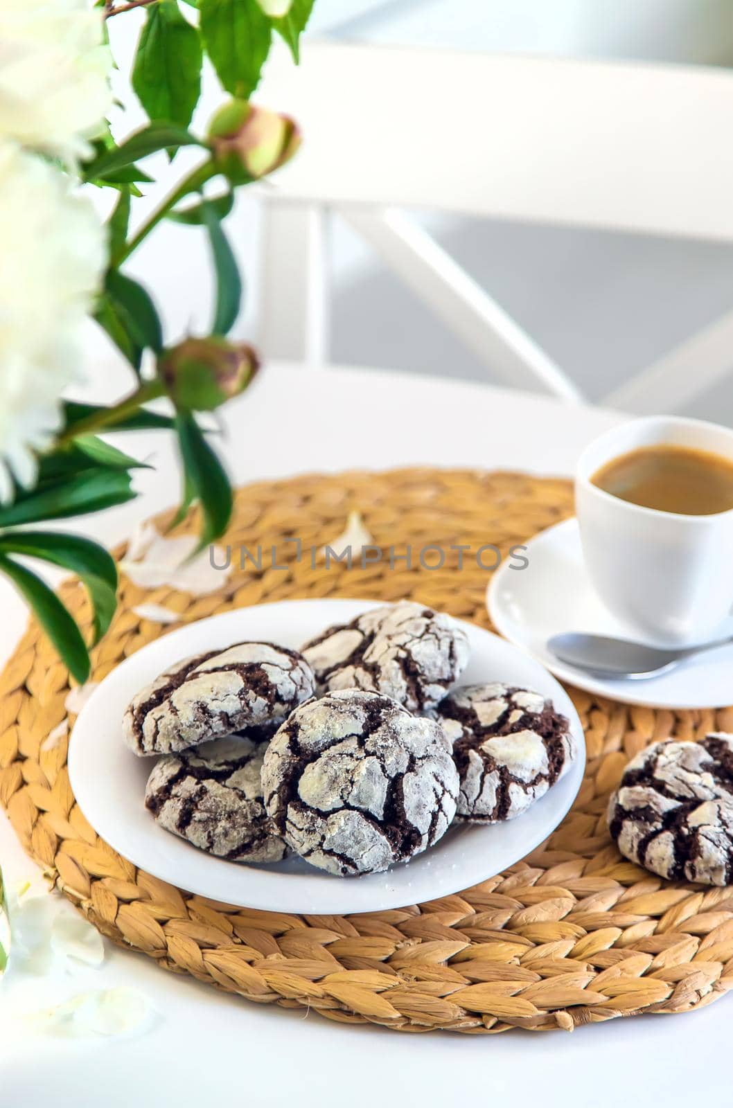Chocolate chip cookies for breakfast on the table. Selective focus. Food.