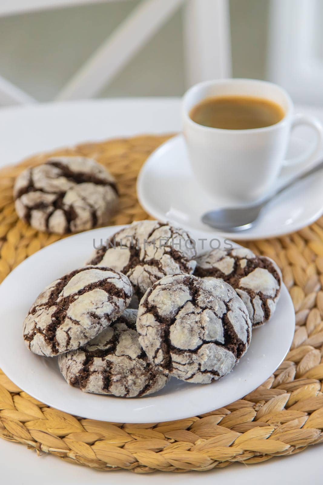 Chocolate chip cookies for breakfast on the table. Selective focus. Food.