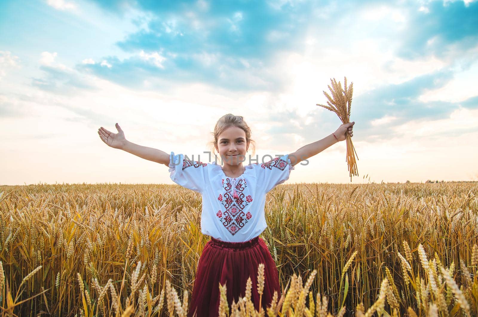 Child in a wheat field. In vyshyvanka, the concept of the Independence Day of Ukraine. Selective focus. Kid.