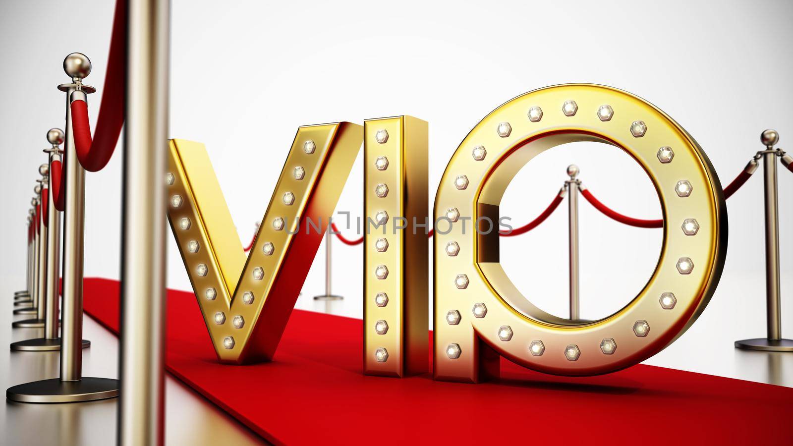 Golden VIP text standing on red carpet. 3D illustration by Simsek