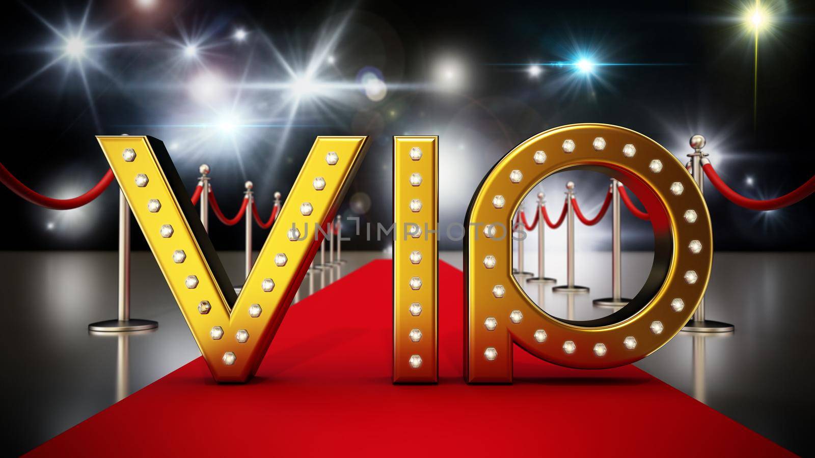 Golden VIP text standing on red carpet. Camera flashes in the background. 3D illustration by Simsek