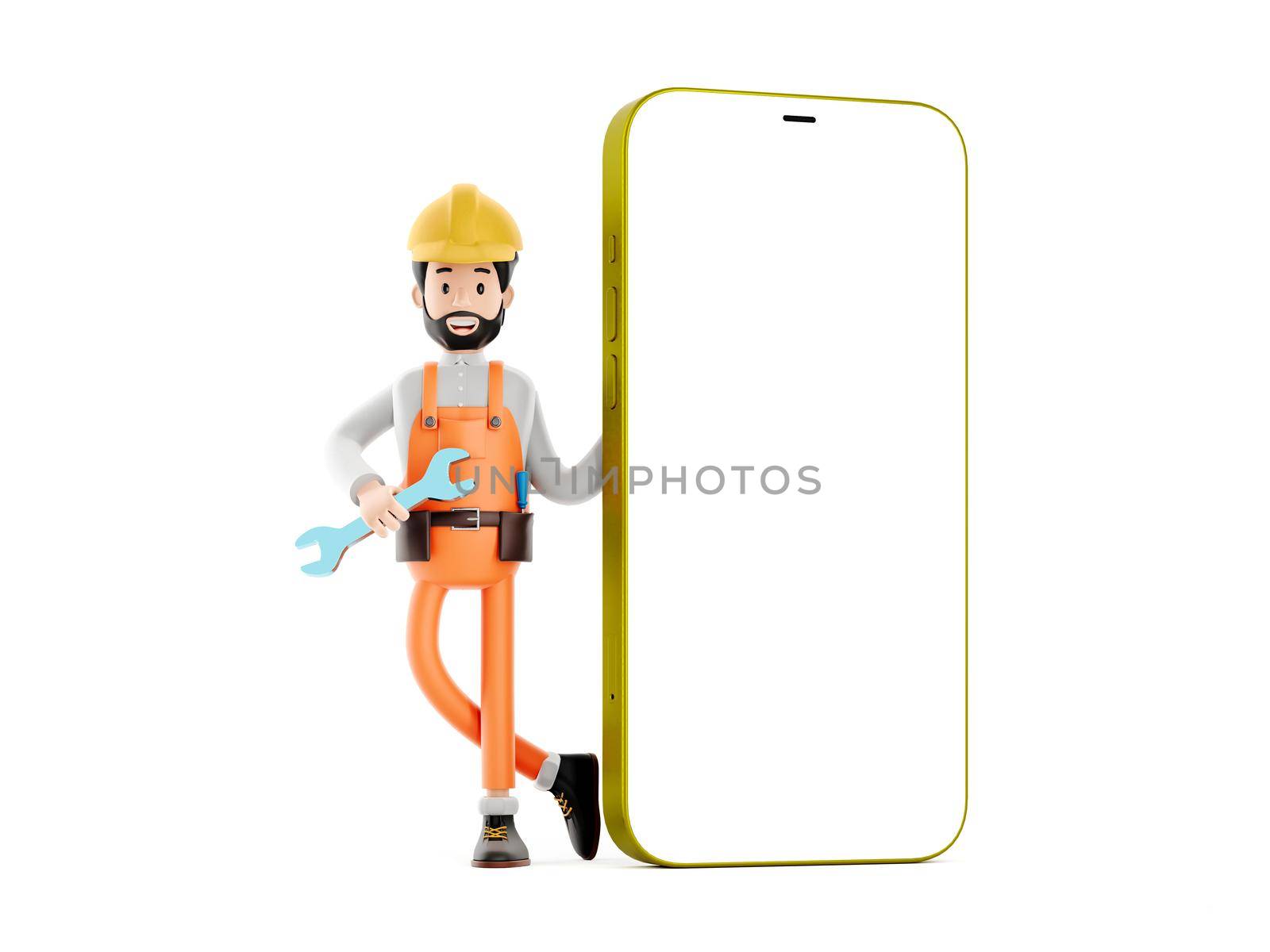 funny worker or engineer repair phone, builder mechanic cartoon character with mobile phone, 3d rendering.