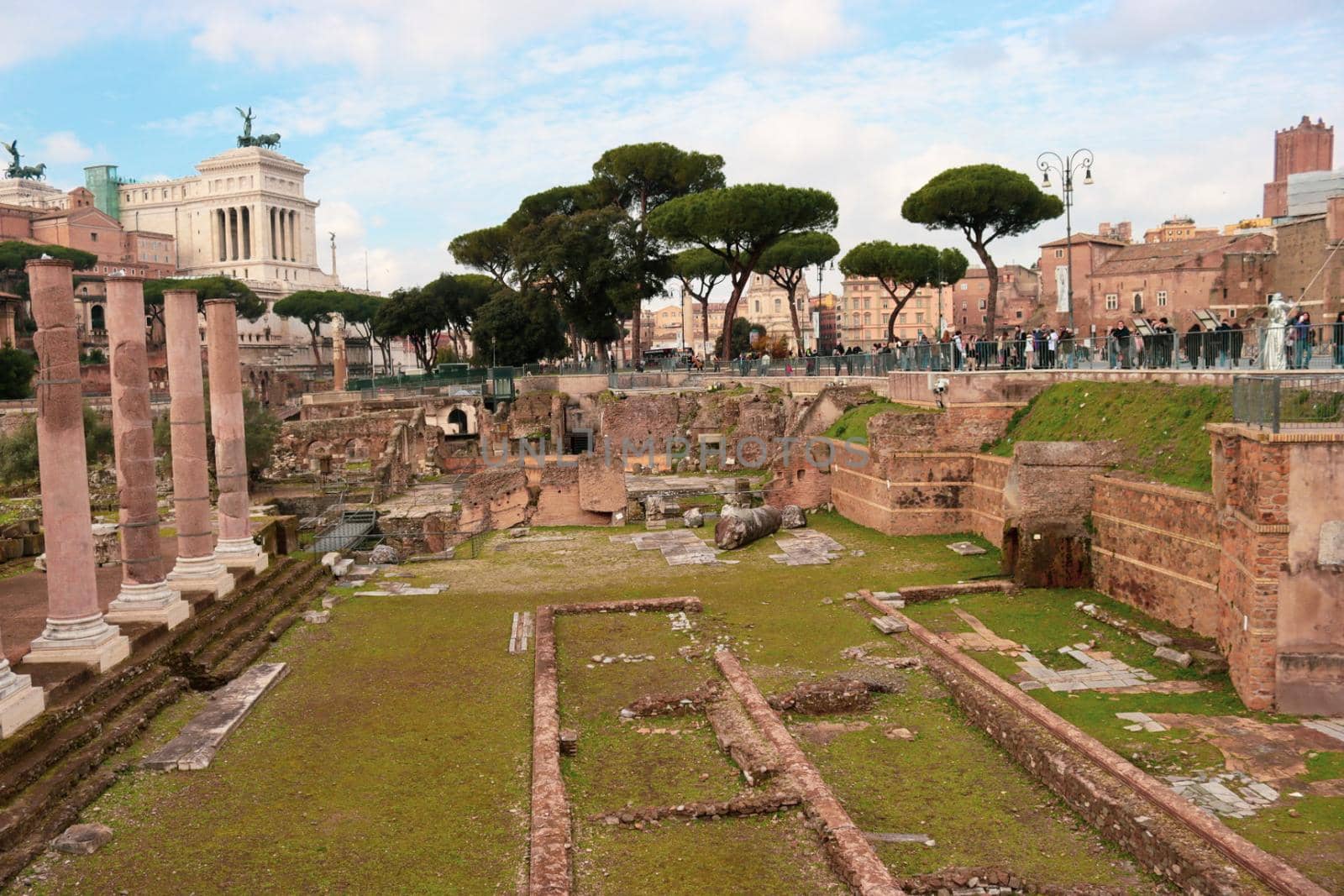 ROME, ITALY - February 05, 2022: Panoramic view around the Colosseum in city of Rome, Italy. Cold and gray sky in the background. Macro photography of the green parks with the old buildings.