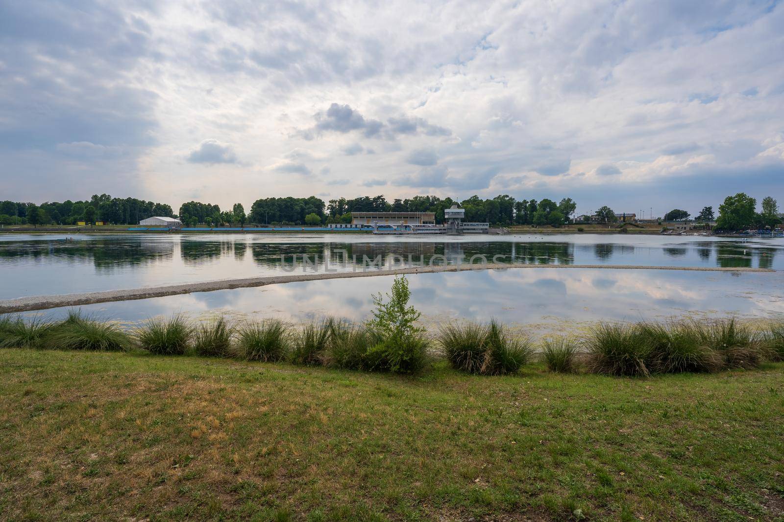 Idroscalo lake park, in the front of stands, cloudy day, Milan, Italy.