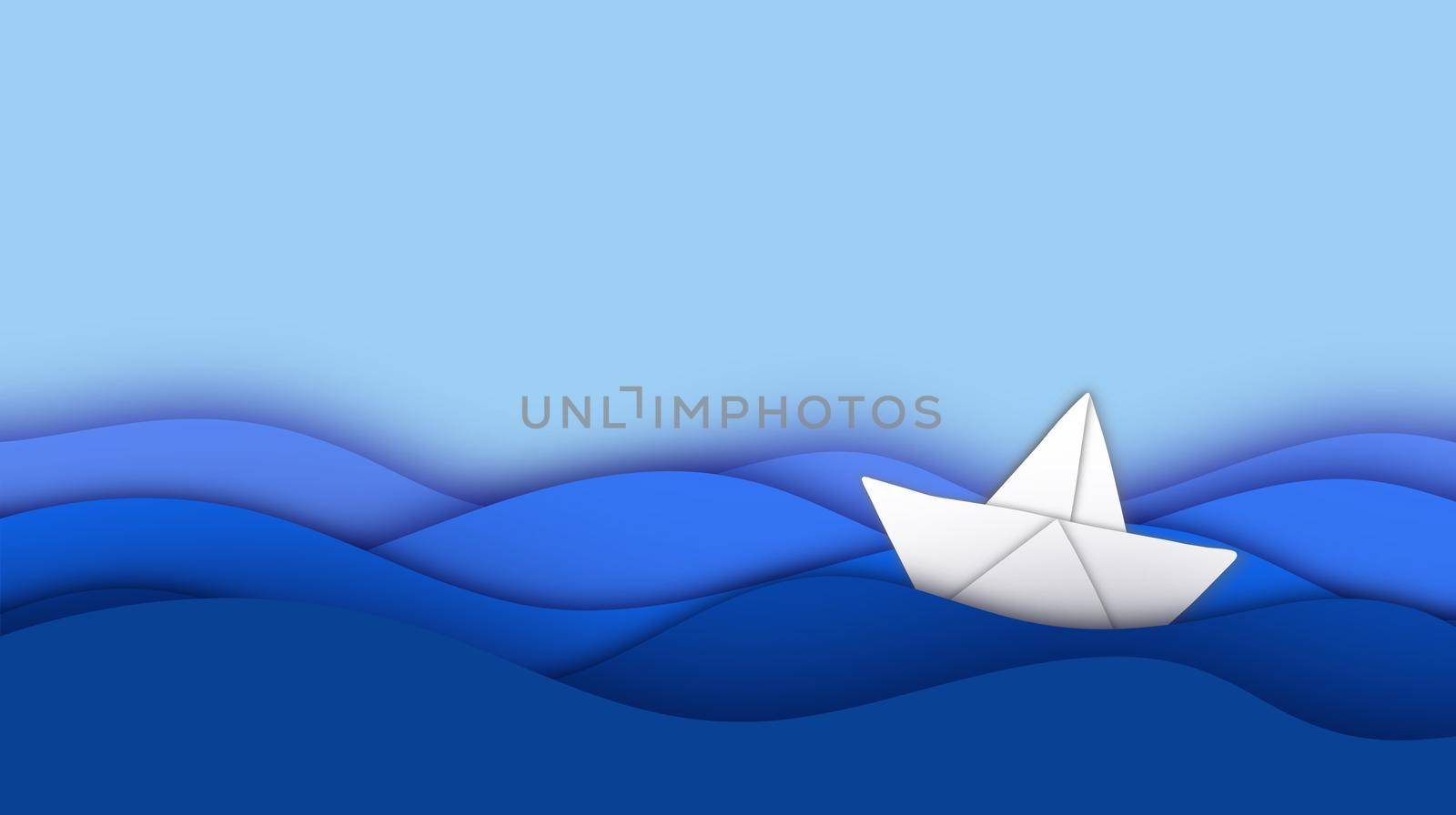 Paper boat on waves simple crisis and leadership concept. Paper cut minimal illustration with white ship on the ocean. by iliris