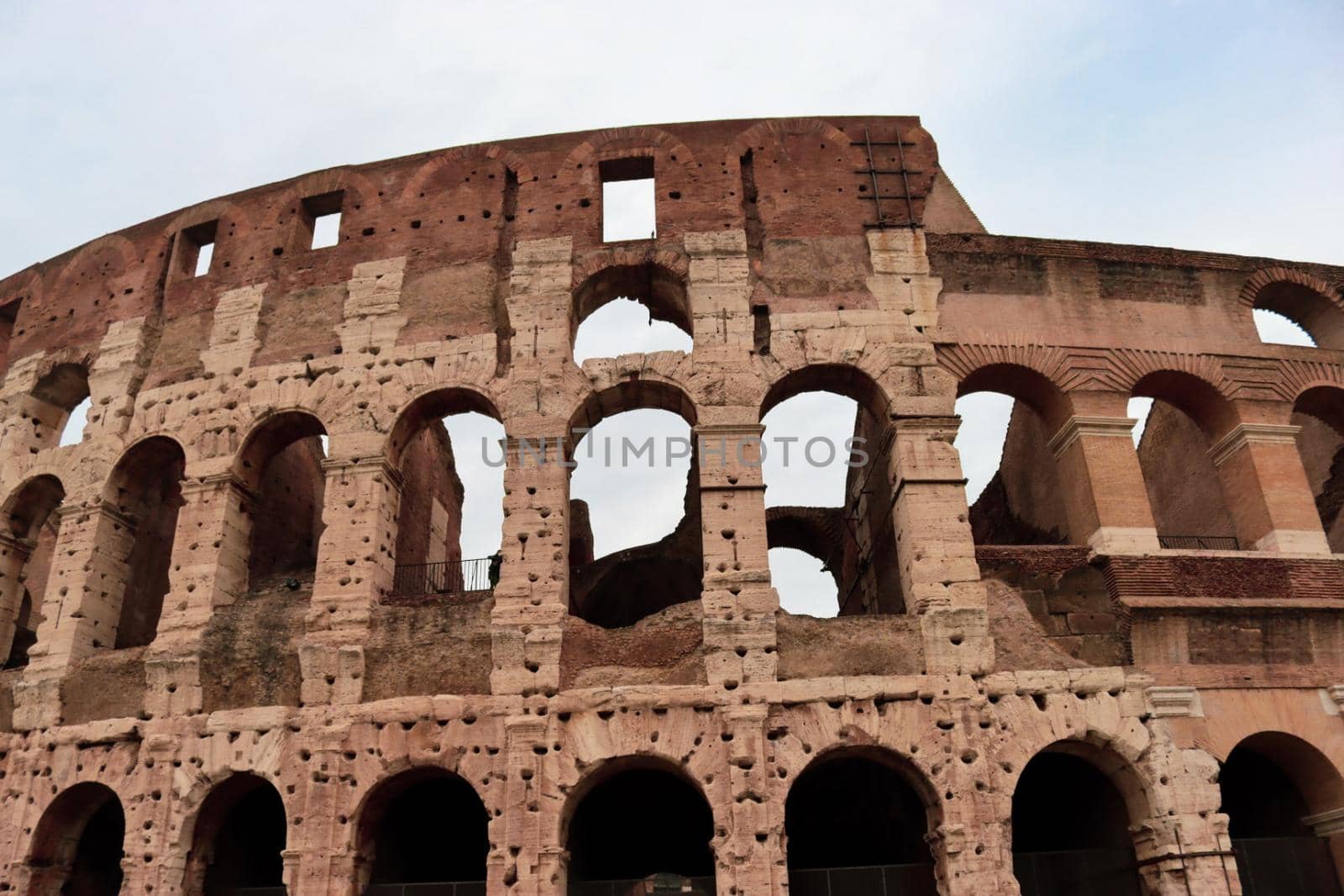 ROME, ITALY - February 05, 2022: Panoramic view around the Colosseum in city of Rome, Italy. Cold and gray sky in the background. Macro photography of the green parks with the old buildings.