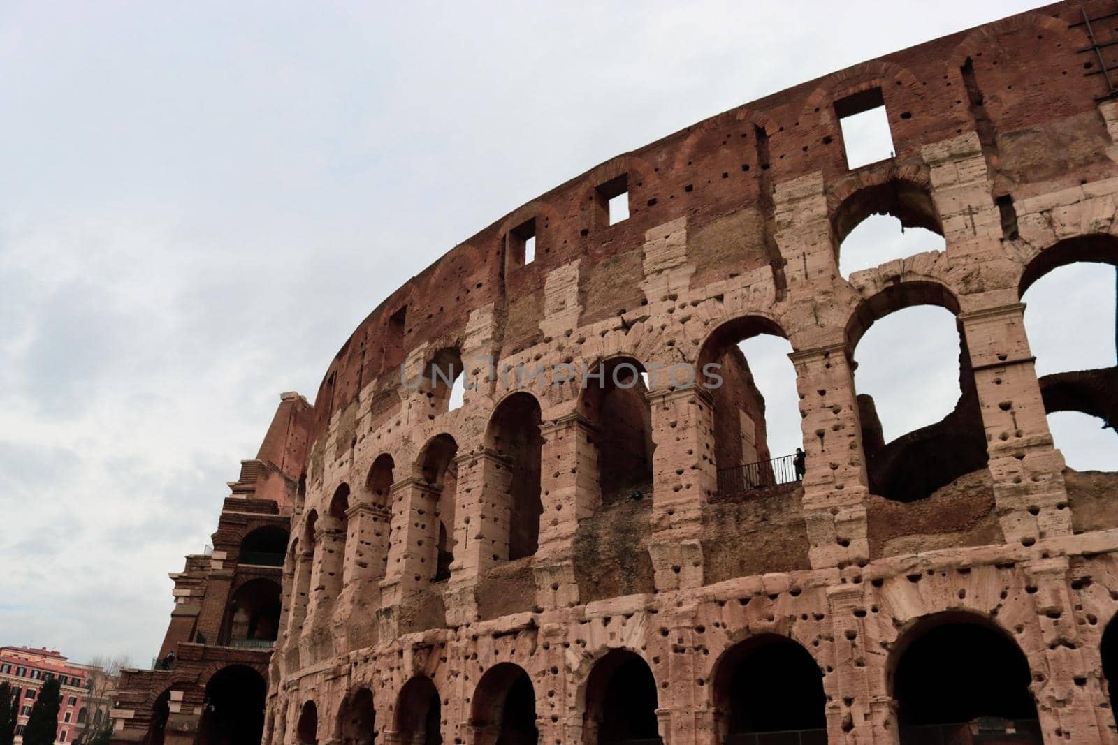 ROME, ITALY - February 05, 2022: Panoramic view around the Colosseum in city of Rome, Italy. Cold and gray sky in the background. Macro photography of the green parks with the old buildings.