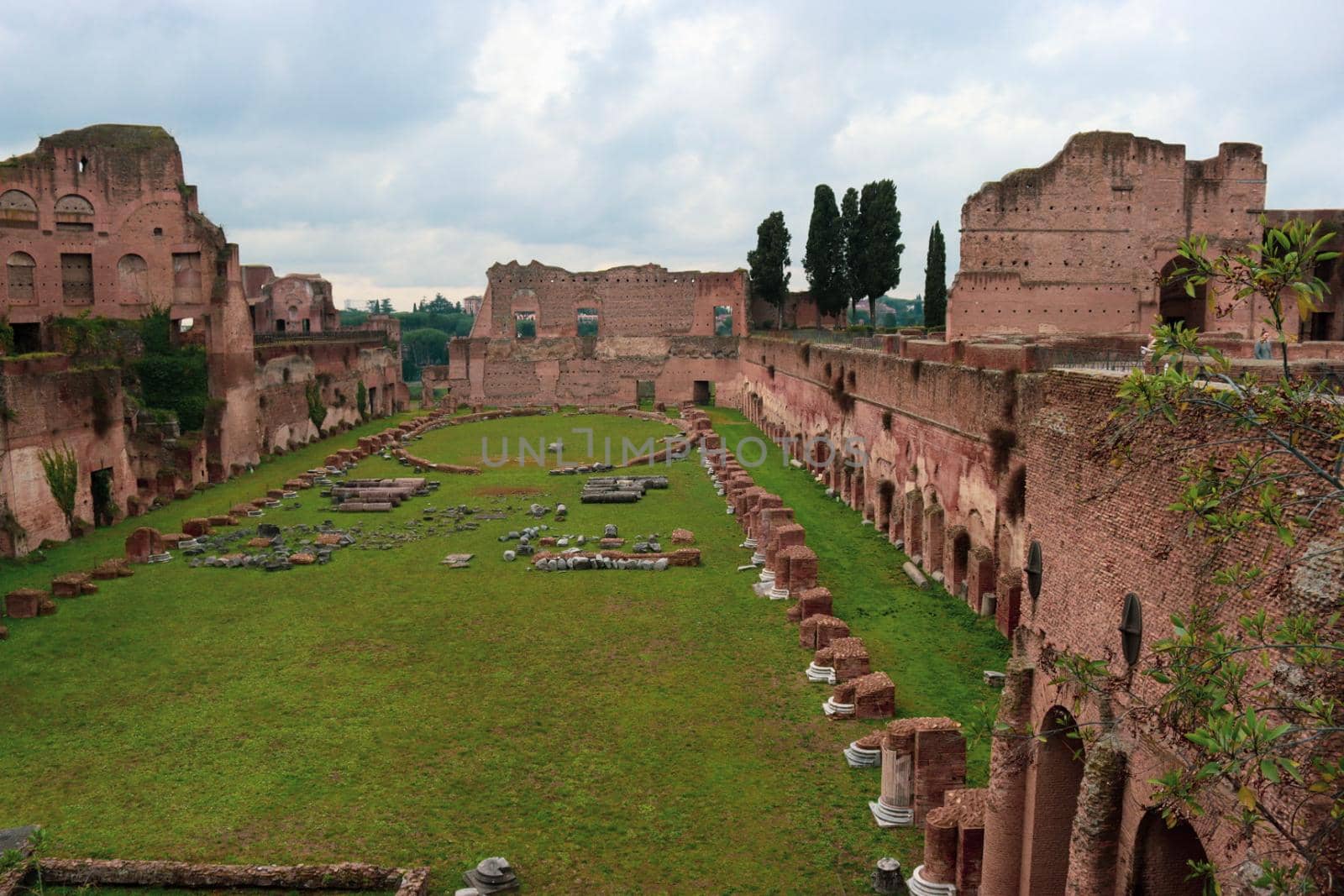 ROME, ITALY - February 05, 2022: Panoramic view around the Colosseum in city of Rome, Italy. Cold and gray sky in the background. Macro photography of the green parks with the old buildings.