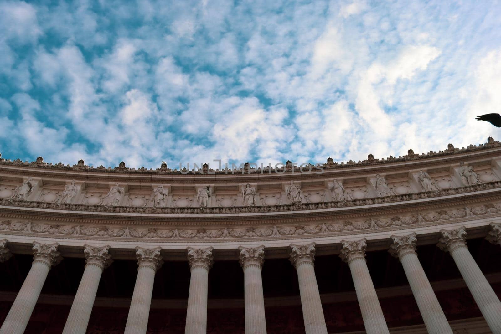 ROME, ITALY - February 05, 2022: Panoramic view around the Colosseum in city of Rome, Italy. Cold and gray sky in the background. Macro photography of the green parks with the old buildings.