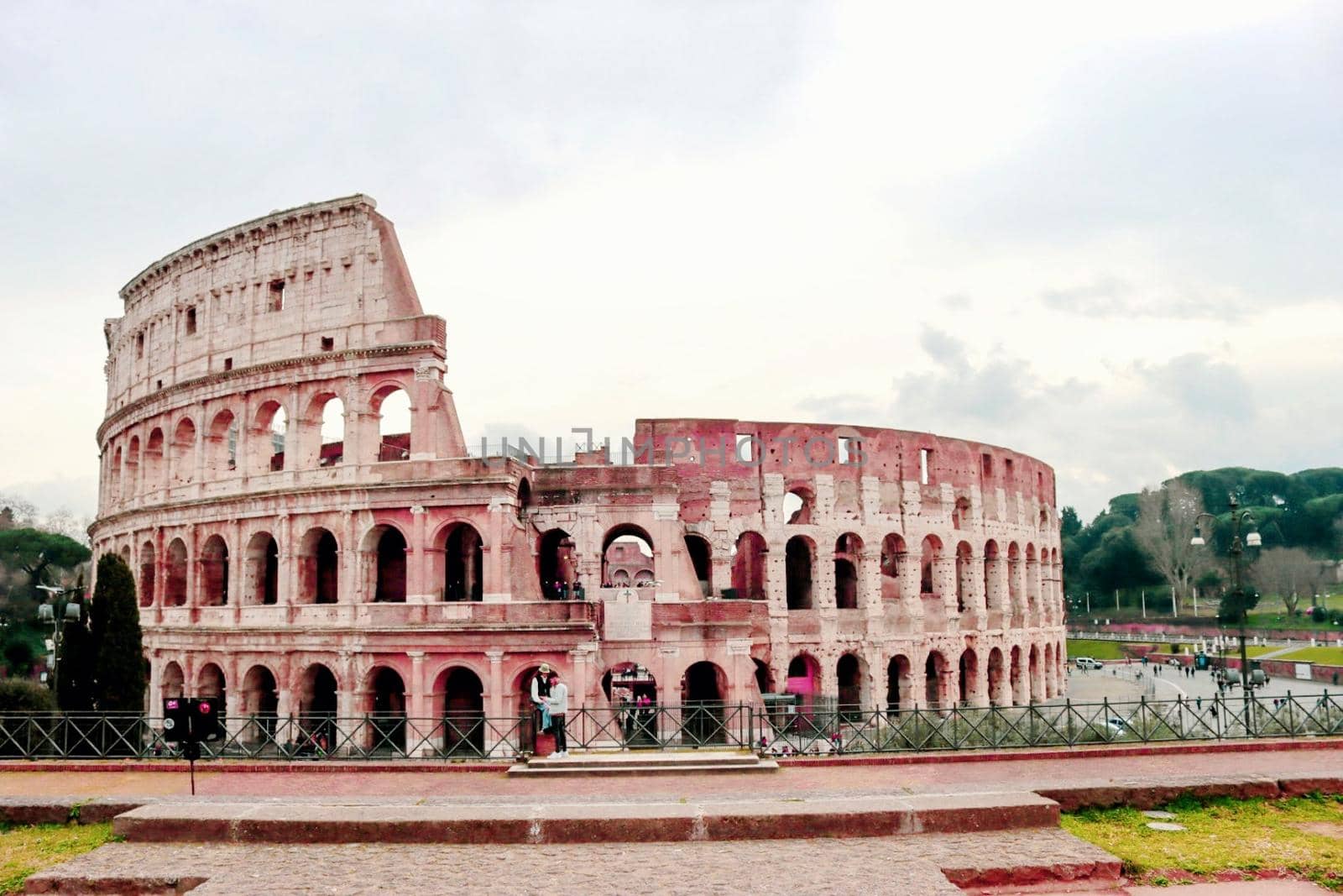 Verona, Italy - March 19, 2022: Beautiful photography of the Arena at Piazza Brà in Verona, a famous Roman amphitheater. Macro view of the old construction by day.