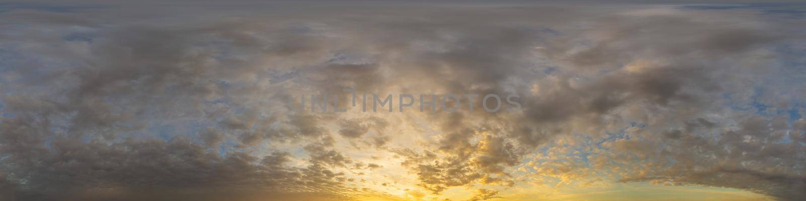 Panorama of a dark blue sunset sky with golden Cumulus clouds. Seamless hdr 360 panorama in spherical equiangular format. Full zenith for 3D visualization, sky replacement for aerial drone panoramas. by Matiunina