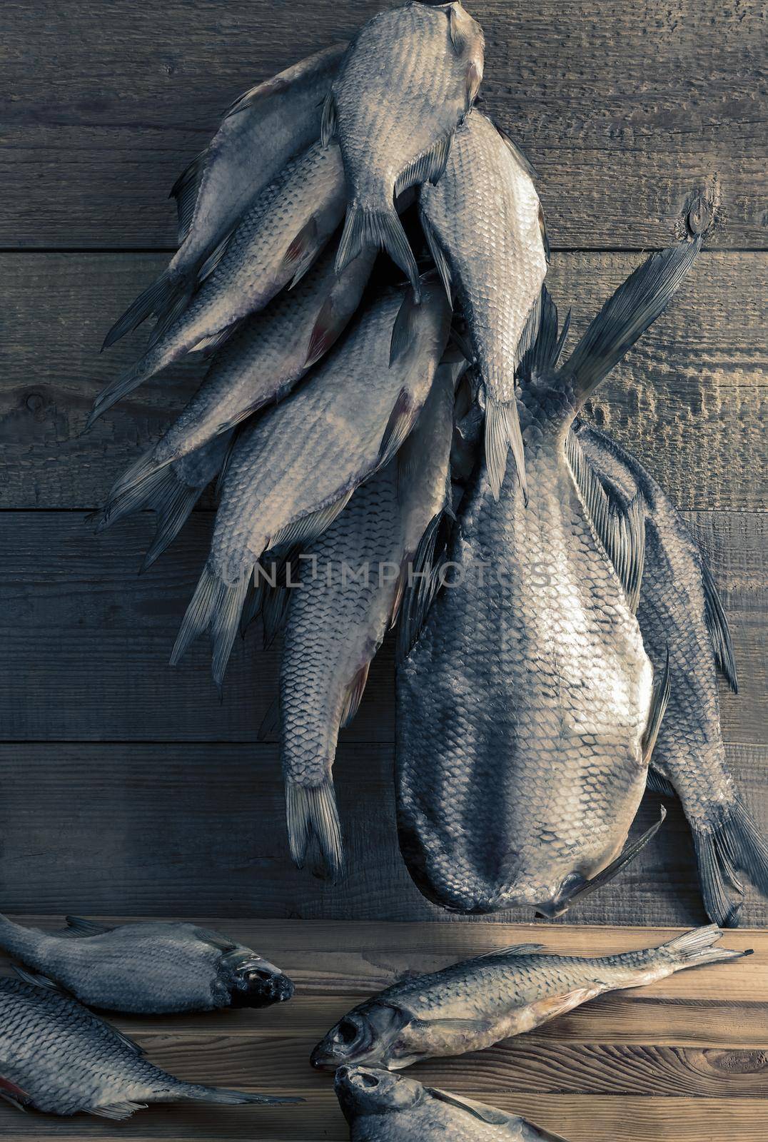 On the rope hangs a dried roach for further drying, next to the table is dry fish. Presented on a wooden background.