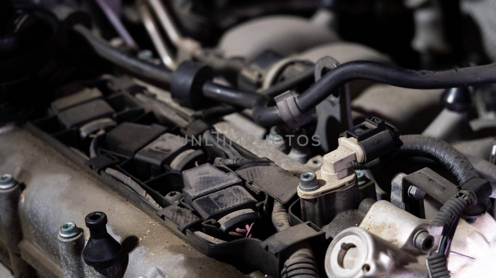 Old car engine with a close view. by RecCameraStock