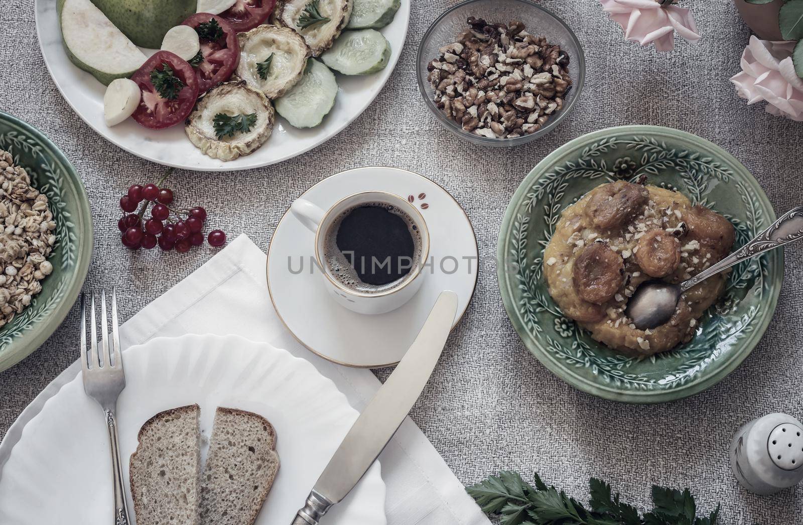 Healthy Breakfast on the tablecloth, natural products, top view. by georgina198
