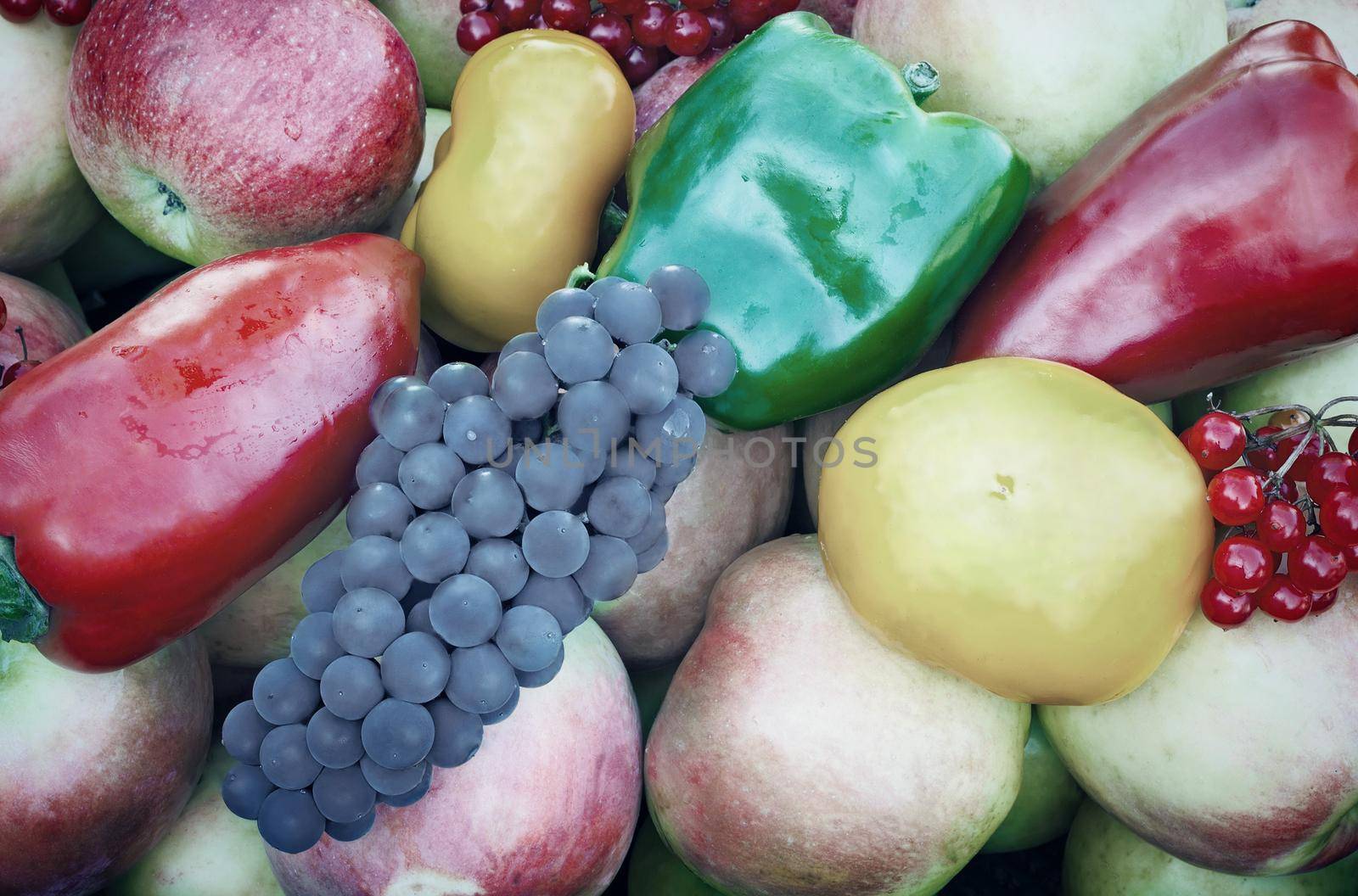 A variety of fruits and vegetables: apples, grapes, berries, elderberry, yellow, red and green peppers. Presents closeup.