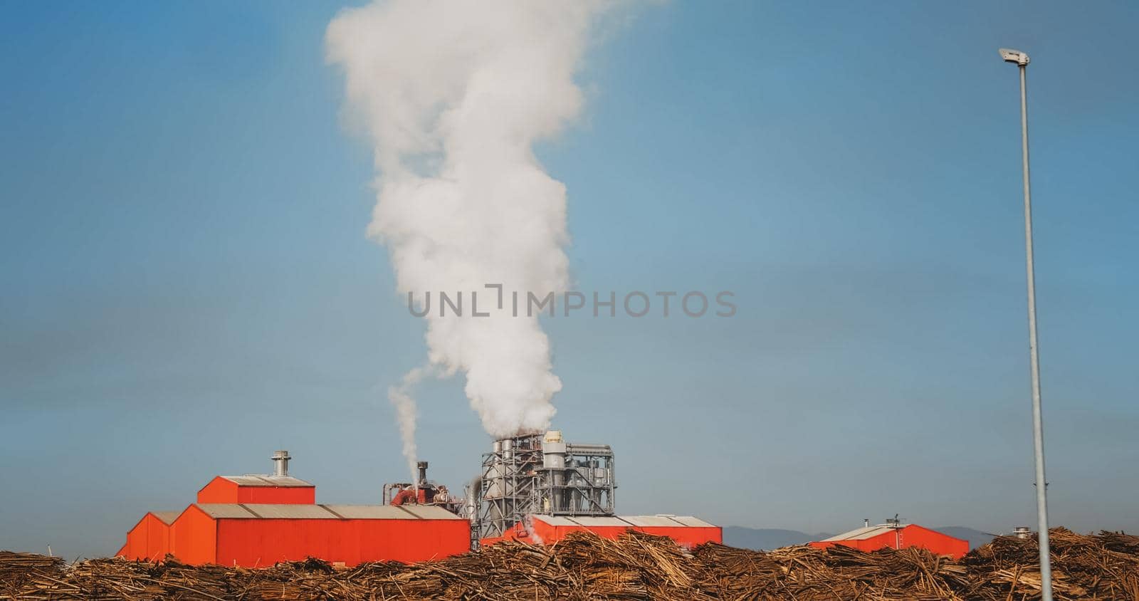 Wood processing plant pollutes the air with smoke coming from the pipe. by RecCameraStock