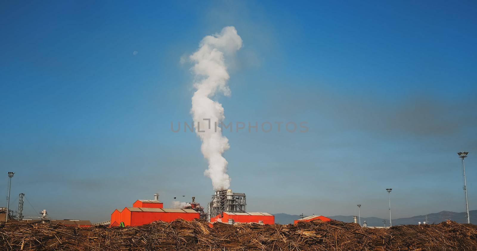 Wood Factory. SMOKE Pollute Industry Atmosphere With Smoke Ecology pollution, Industrial Factory Pollutes. Smoke on blue sky background. Air pollution of Furniture Factory.
