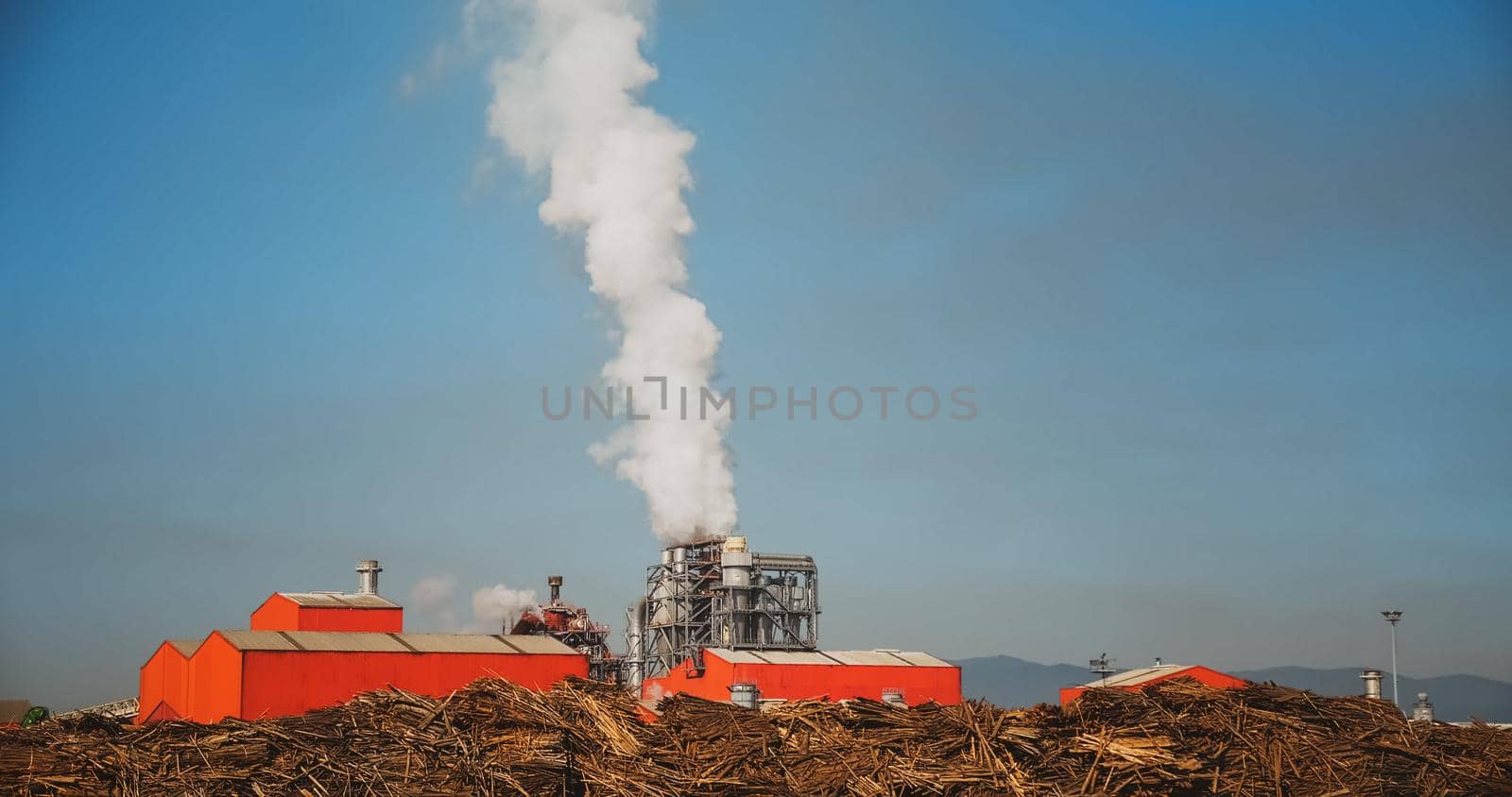 Wood processing plant pollutes the air with smoke coming from the pipe. Pollution of the environment a pipe with smoke. Global Warming. Smoke details on blue sky background.